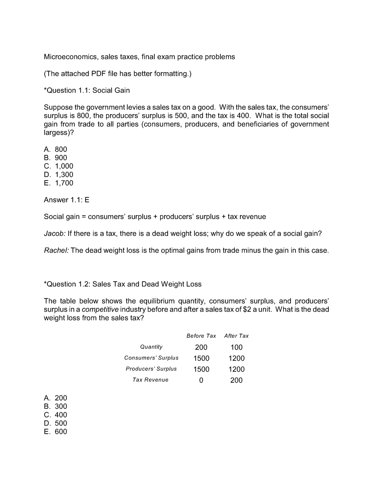 Tax mcq - Microeconomics, sales taxes, final exam practice problems ...