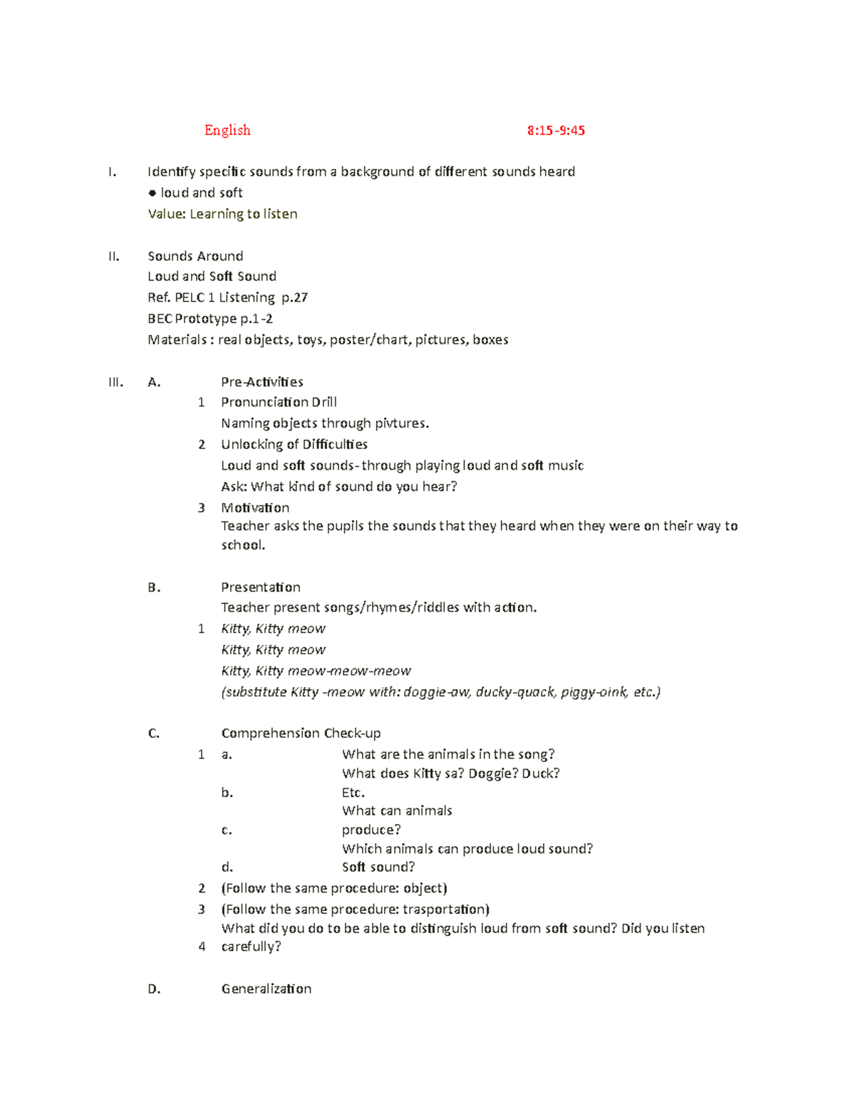 English 1st - Lesson plan - English 8:15-9: I. Identify specific sounds ...