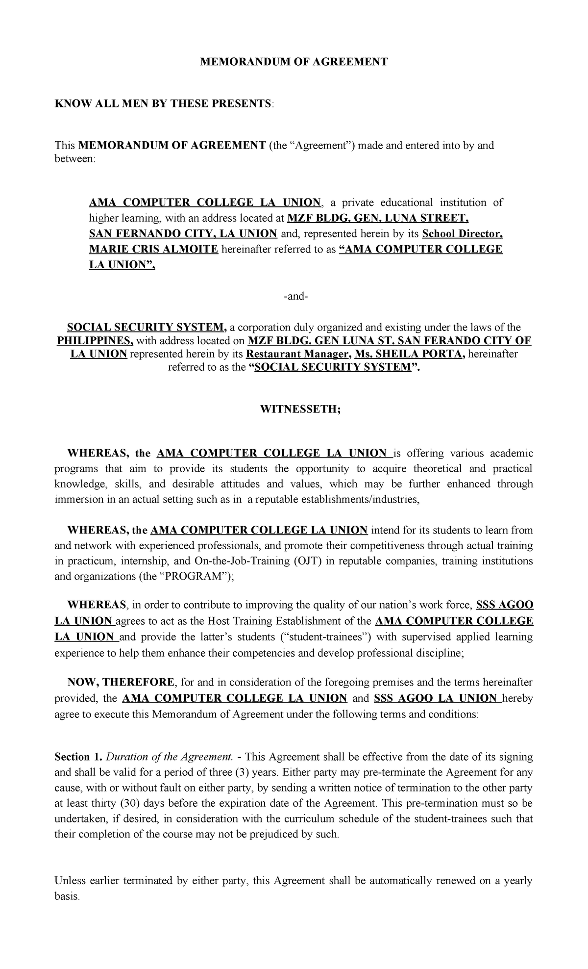 MOA OJT College Official Template Sample - MEMORANDUM OF AGREEMENT KNOW ...