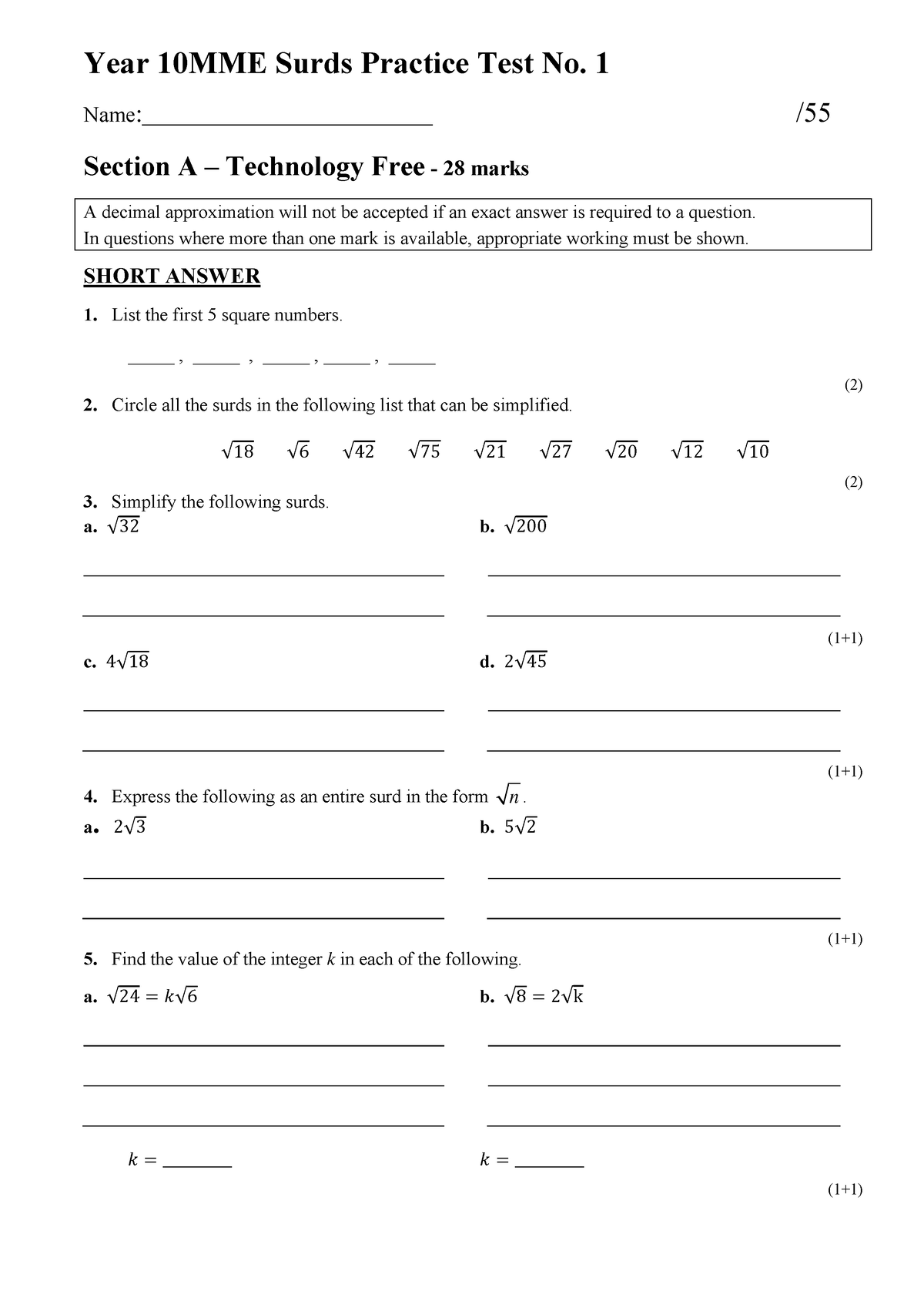 01 Surds Practice Test 1 - Year 10MME Surds Practice Test No. 1 – 2017 ...