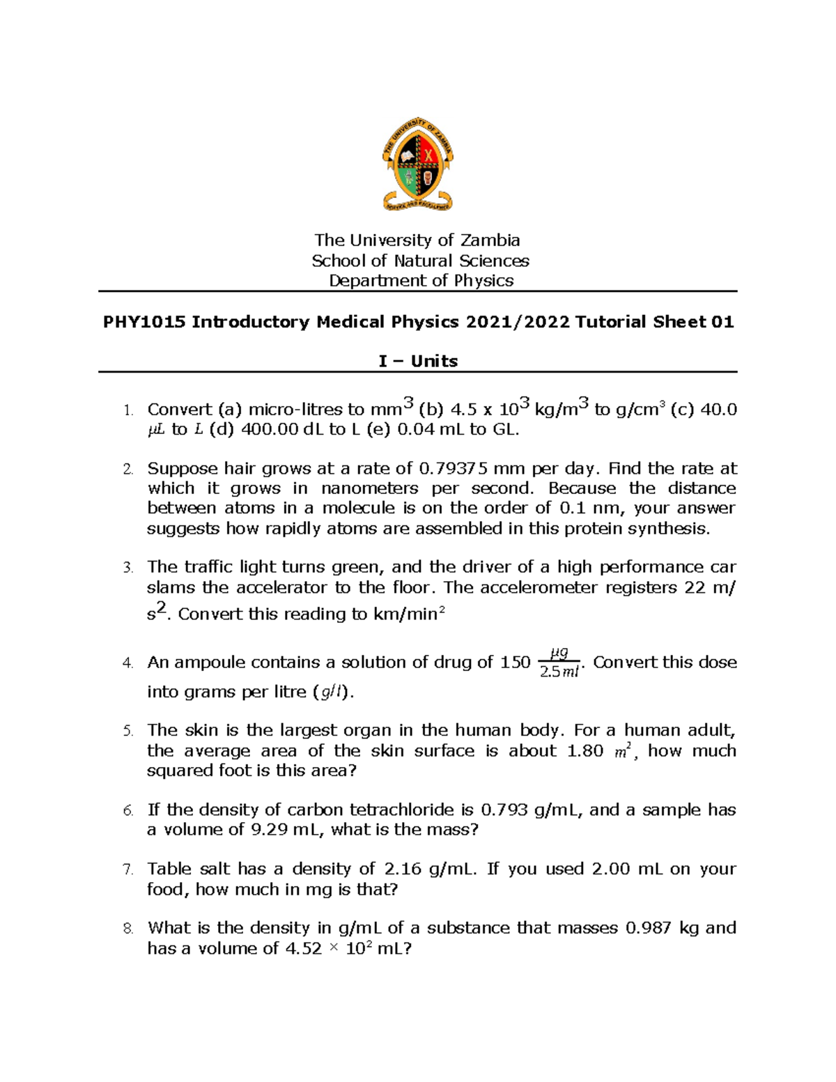 Phy 1015 Tut 1 Units And Measurements The University Of Zambia School Of Natural Sciences Studocu Phy 1015 Tut 1 Units And Measurements The University Of Zambia School Of Natural Sciences Studocu