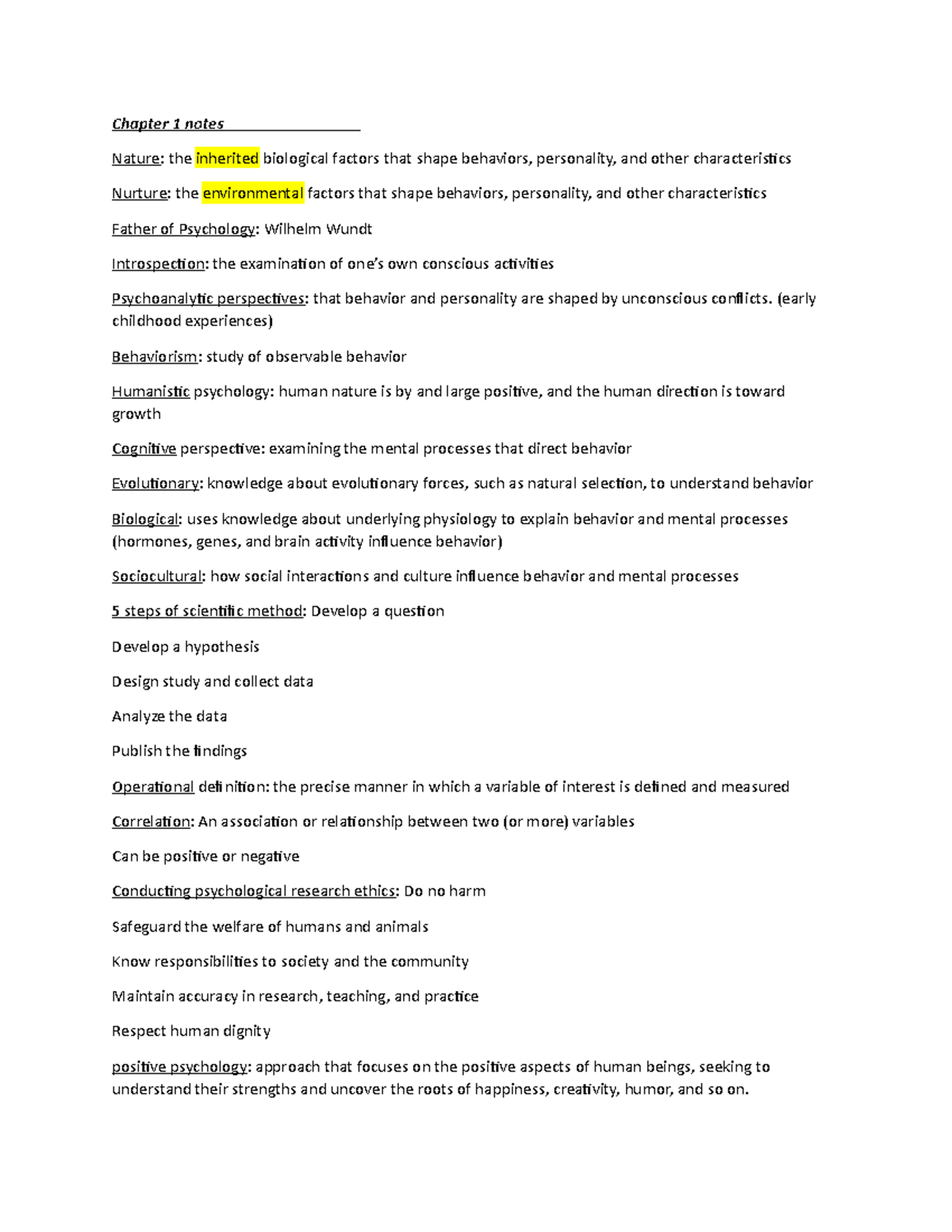 Ch 2 notes - General psychology course - Chapter 1 notes Nature: the ...