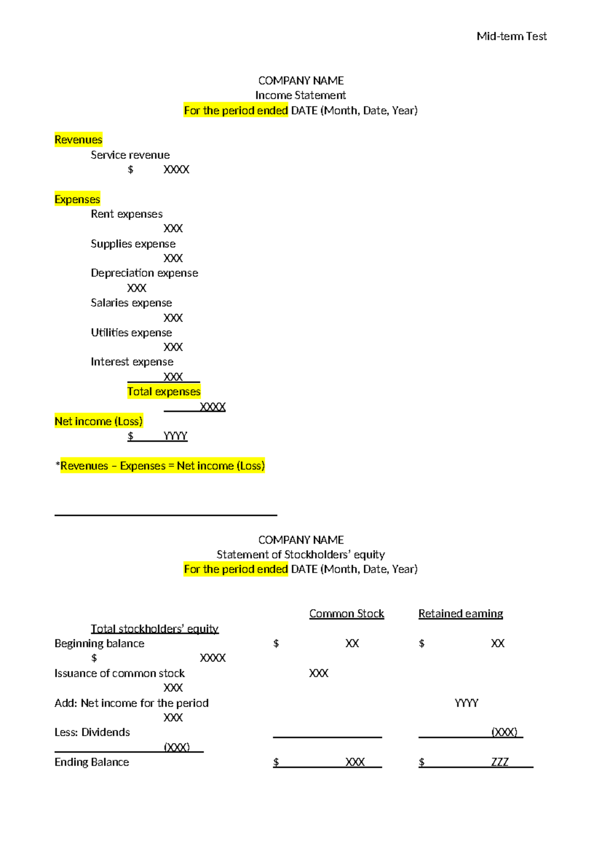 Student Notes - note of course - Mid-term Test COMPANY NAME Income ...