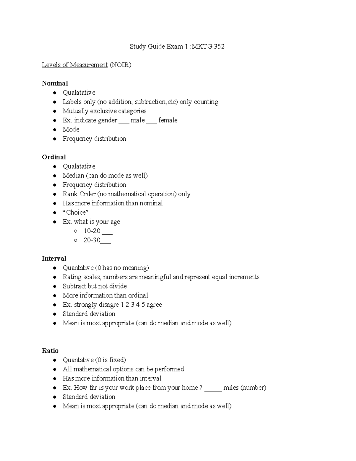 Study Guide Exam 1 - indicate gender ___ male ___ female Mode Frequency ...