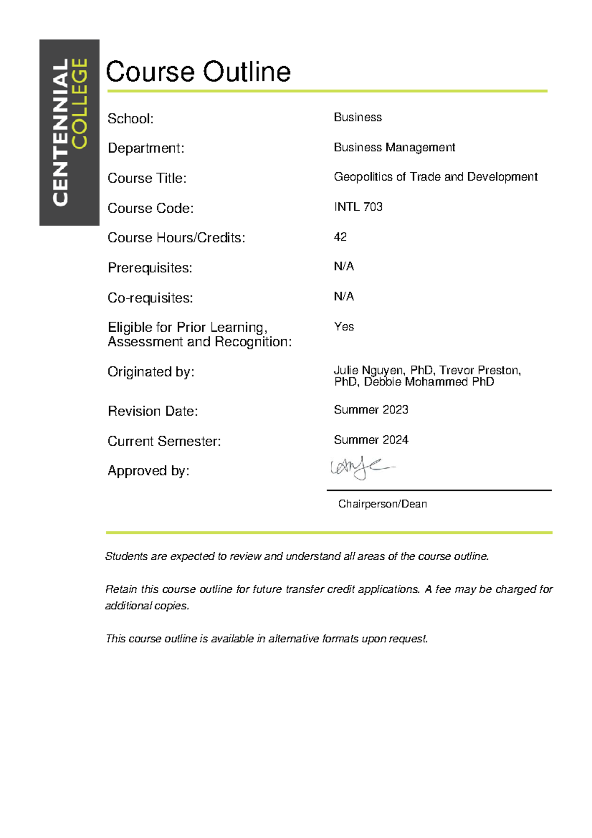 Course outline - useful - Course Outline Chairperson/Dean Students are ...