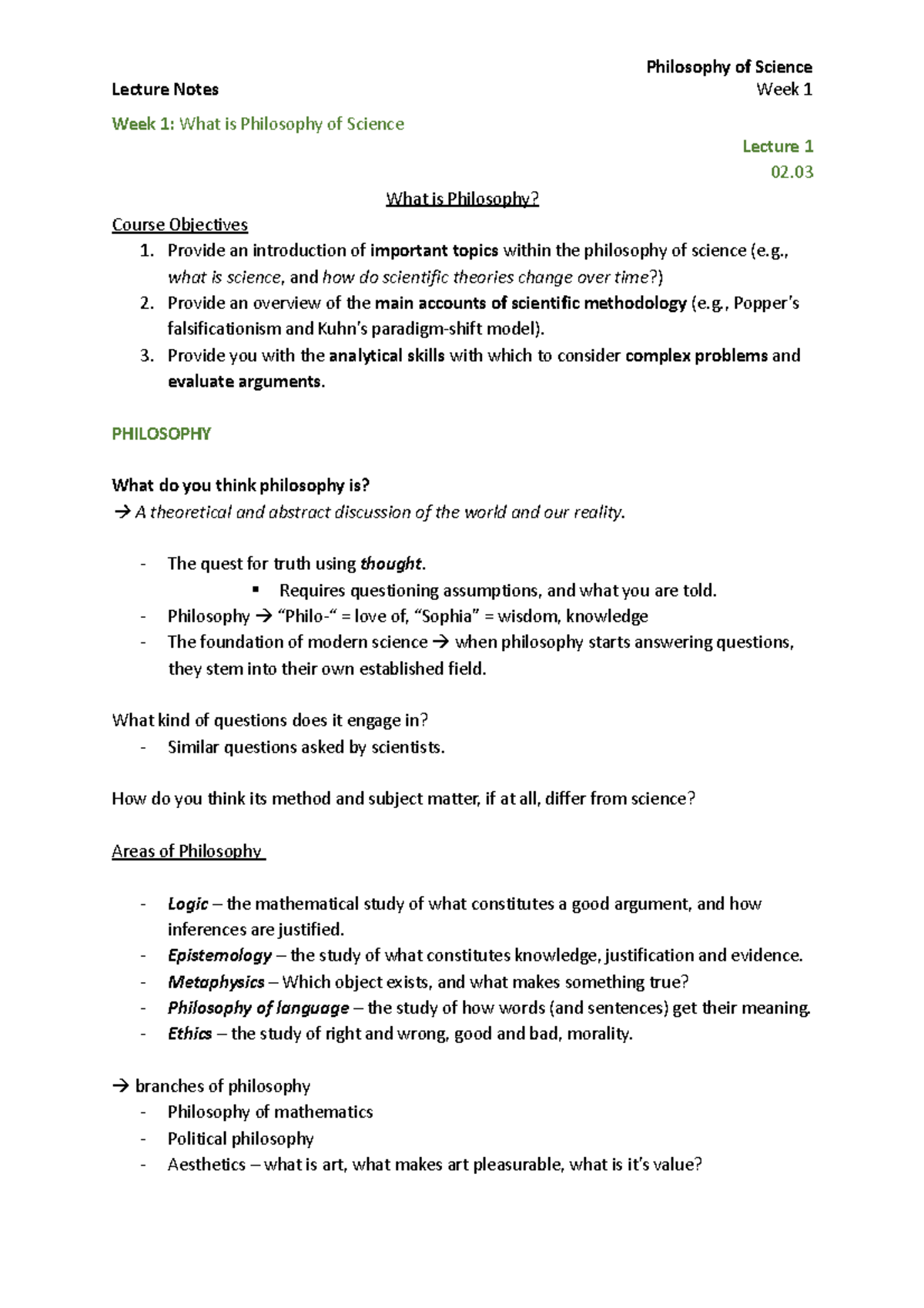 PS Week 1 Intro to Philosophy of Science Lecture Notes Week 1 Week 1
