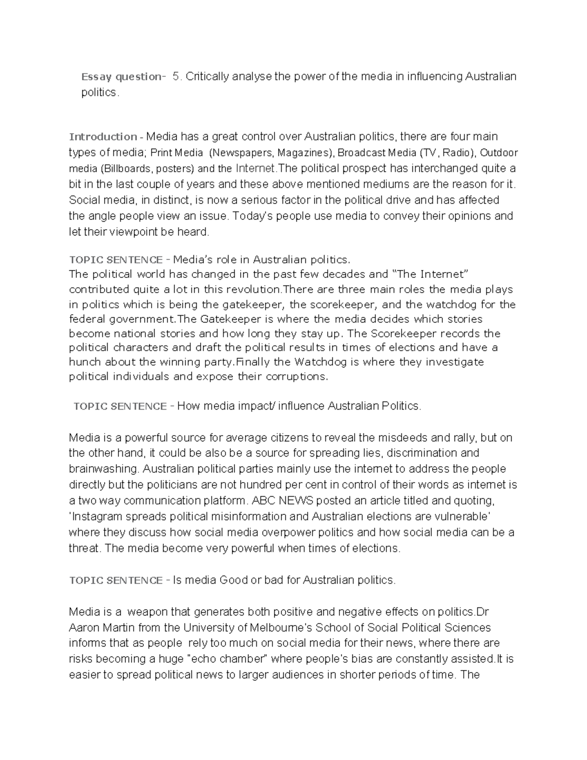 POLS101 Assessment 1 - Essay politics. 5. analyse the power of the ...