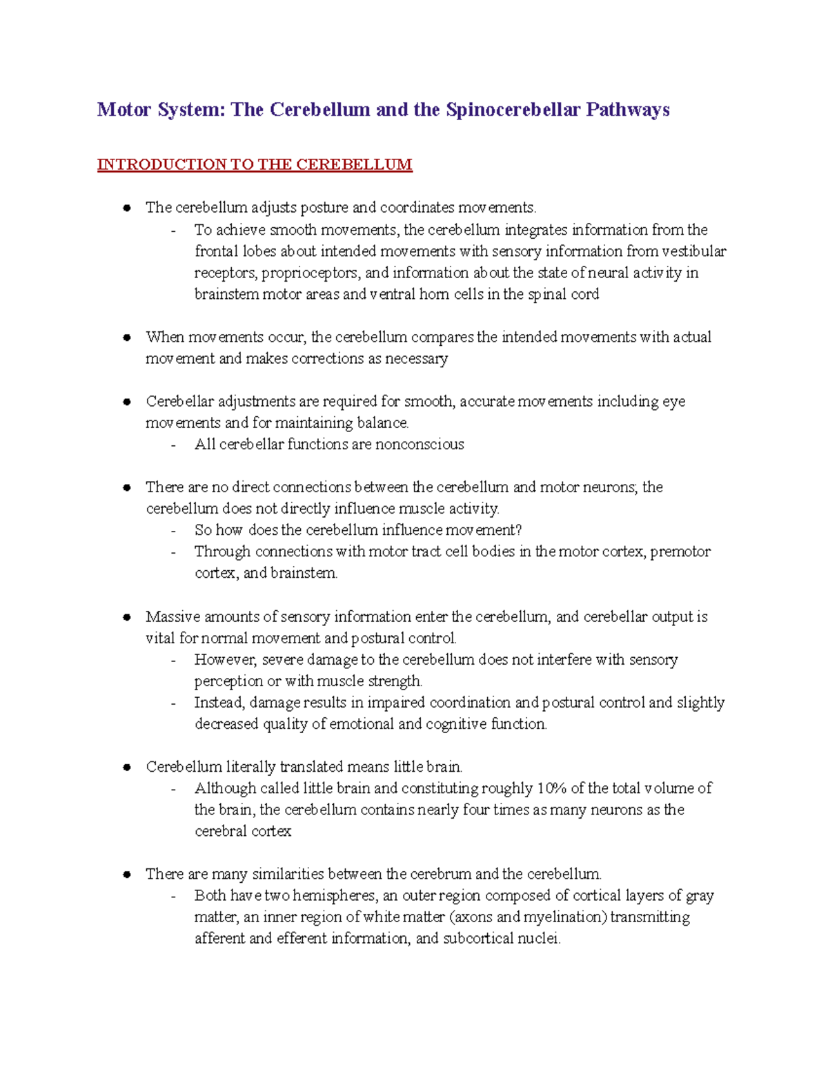 Ch. 15 notes - Neuroscience Ch. 15 - Motor System: The Cerebellum and ...