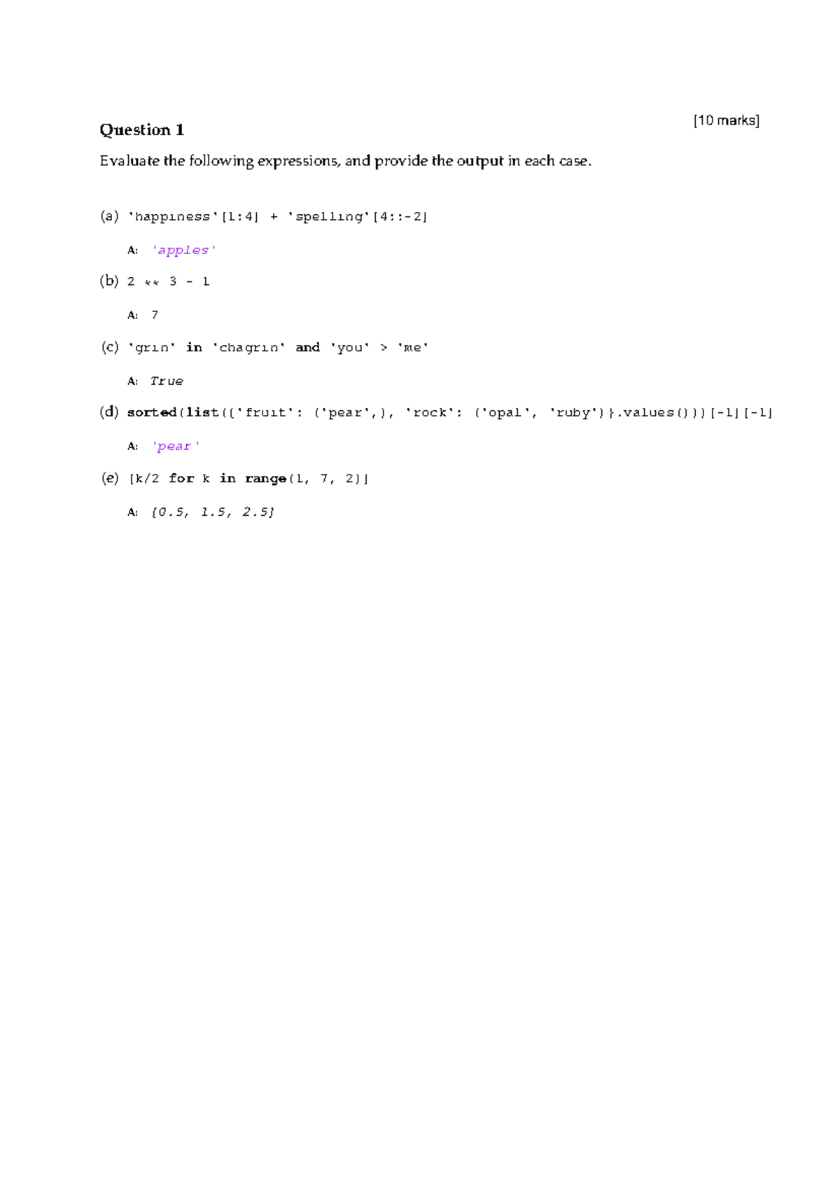 Exam 2018 S1 Solutions - Python Programming - Question 1 [10 marks ...