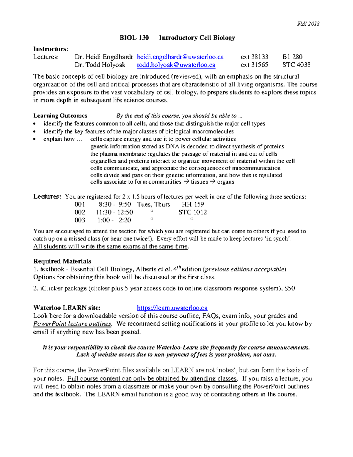 Biol 130 fall 2018 - outline of information - Fall 2018 BIOL 130 ...