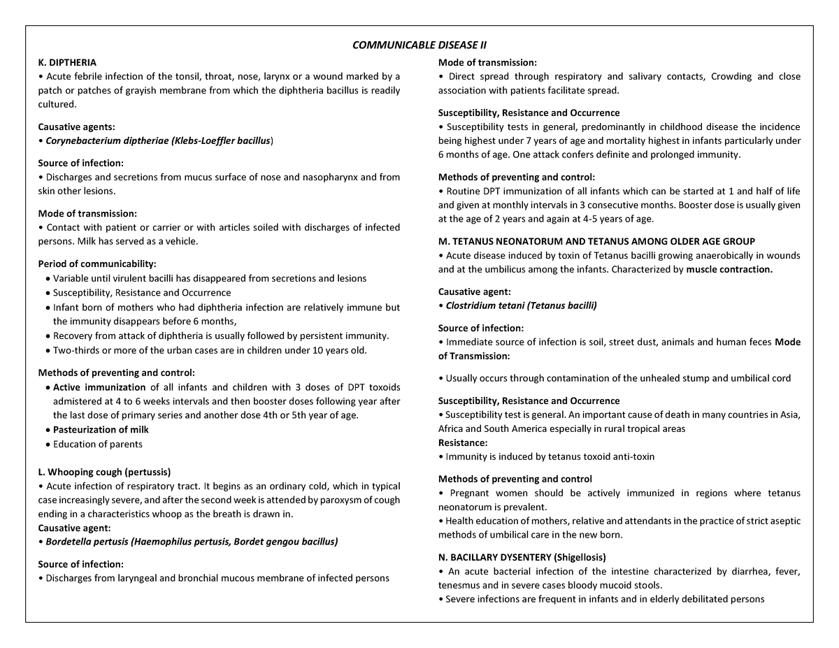 Communicable Disease II - K. DIPTHERIA Acute febrile infection of the ...