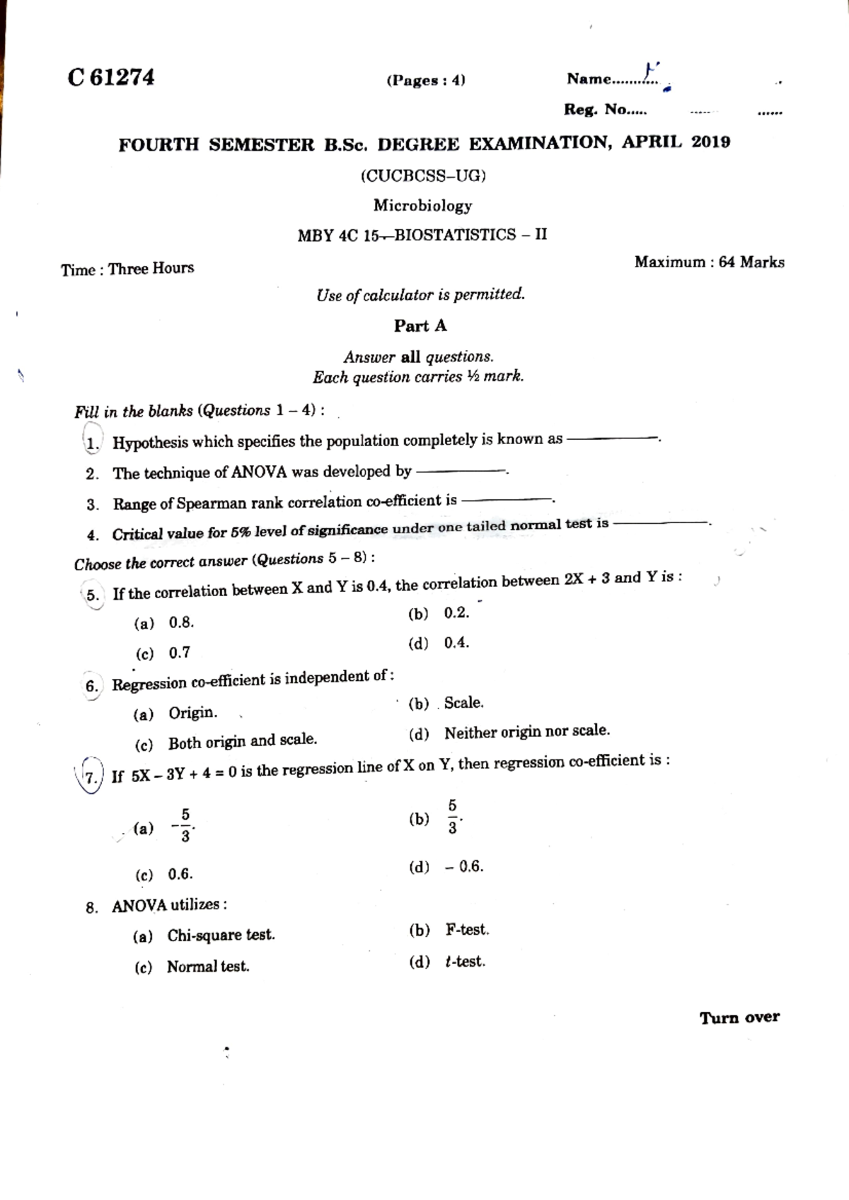 Biostatistics question paper for third semester - C 61274 (Pages: 4 ...