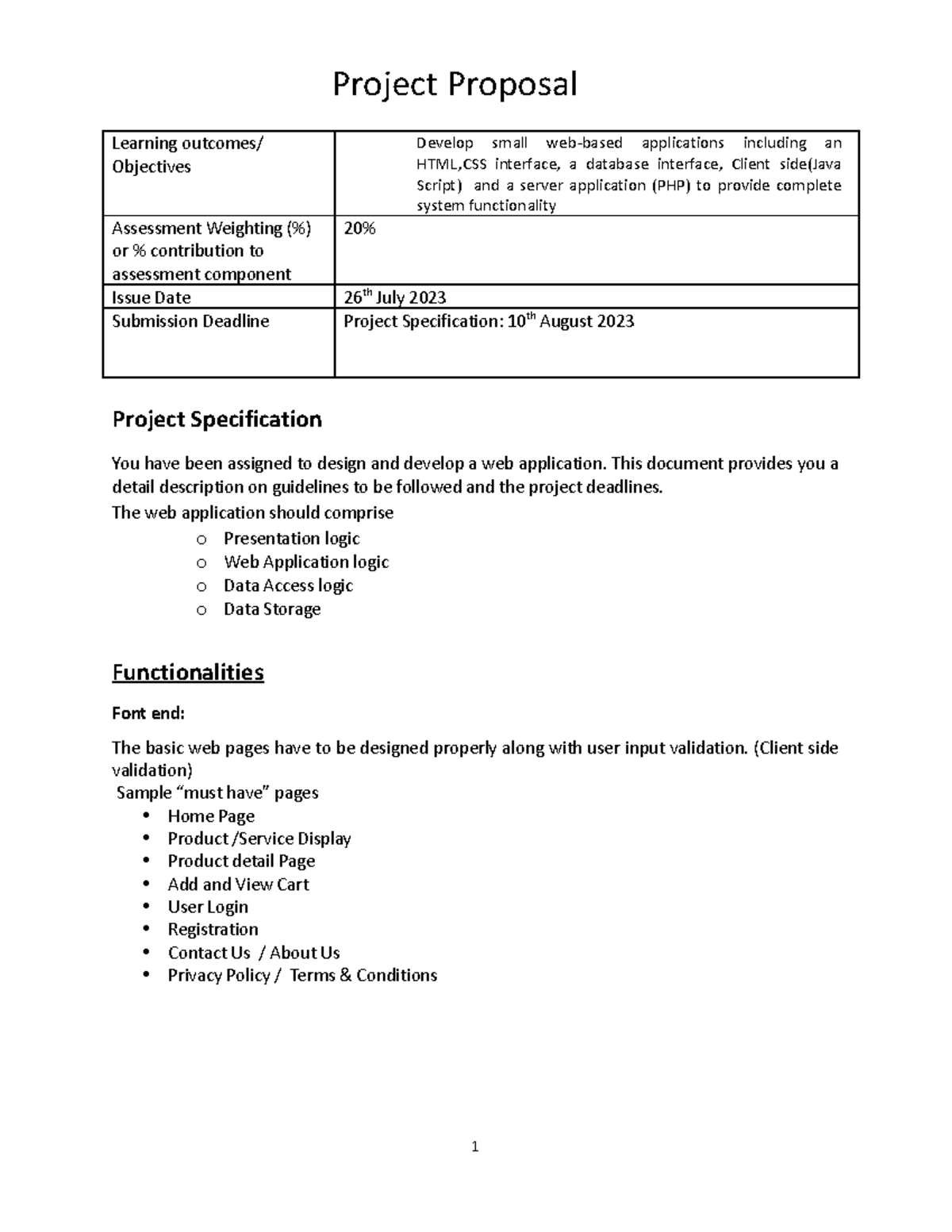 Project Proposal - 2023 - Project Proposal Learning outcomes ...