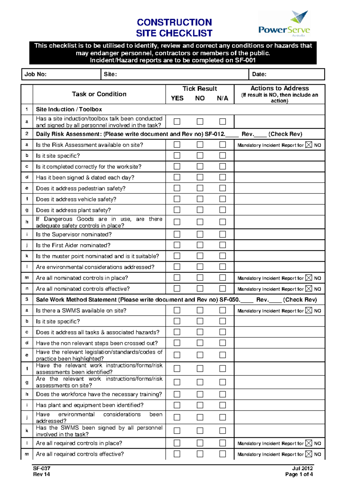 Appendix a7 weekly site inspection checklist 1 - SF-037 Jul 2012 ...