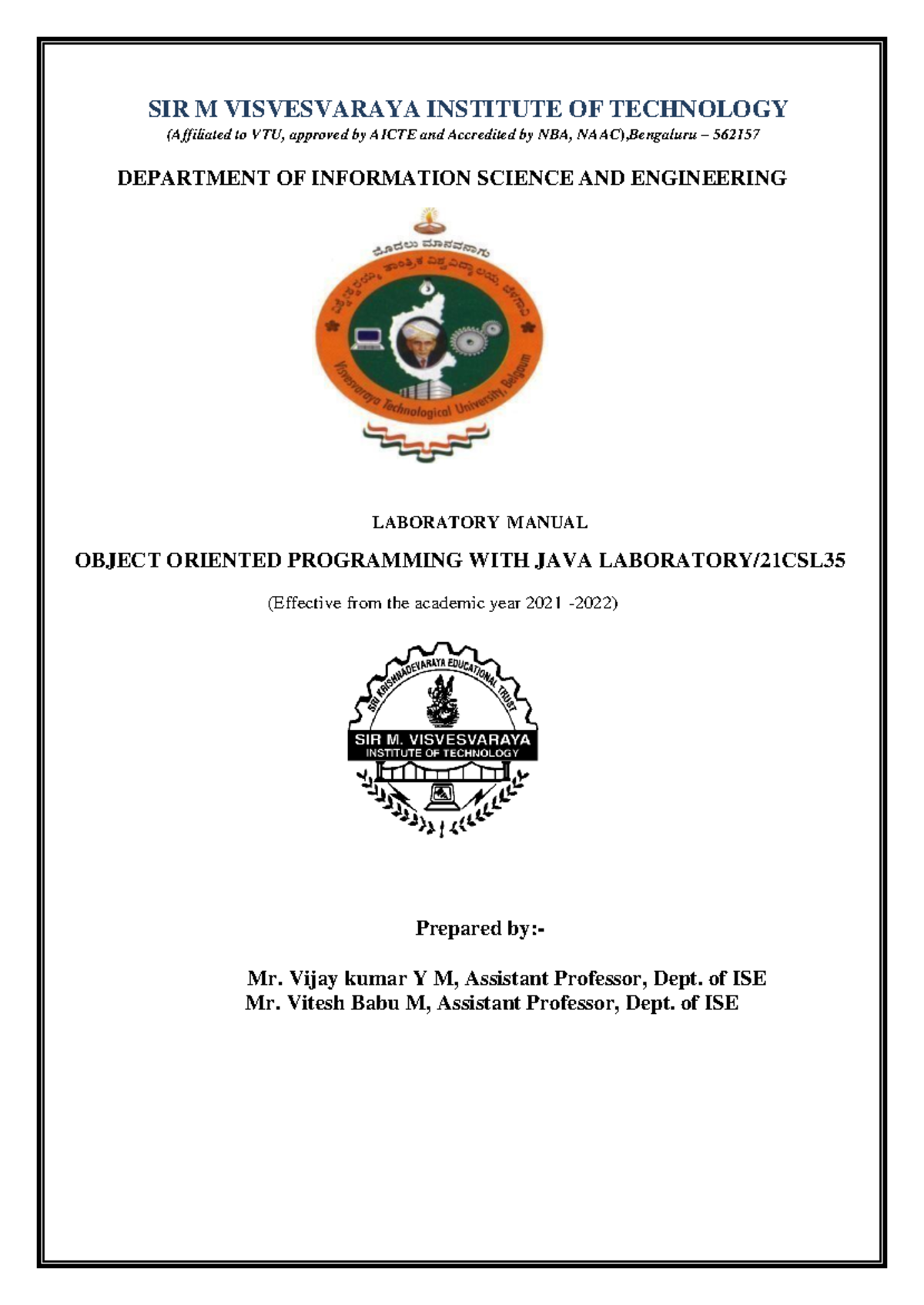 JAVA LAB Manual-21CSL35 - SIR M VISVESVARAYA INSTITUTE OF TECHNOLOGY ...