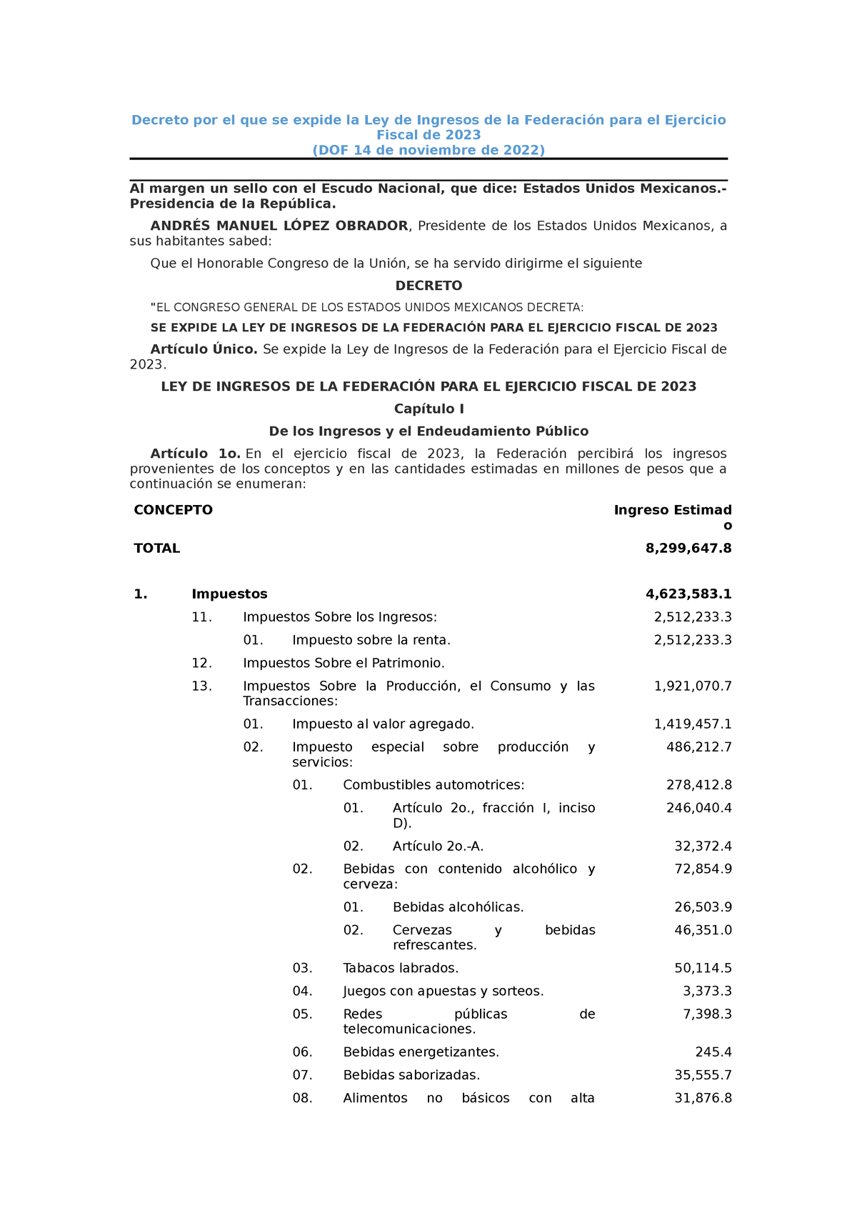 Decretopor El Que Se Expide La Ley De Ingresos De La Federacion Para El ...