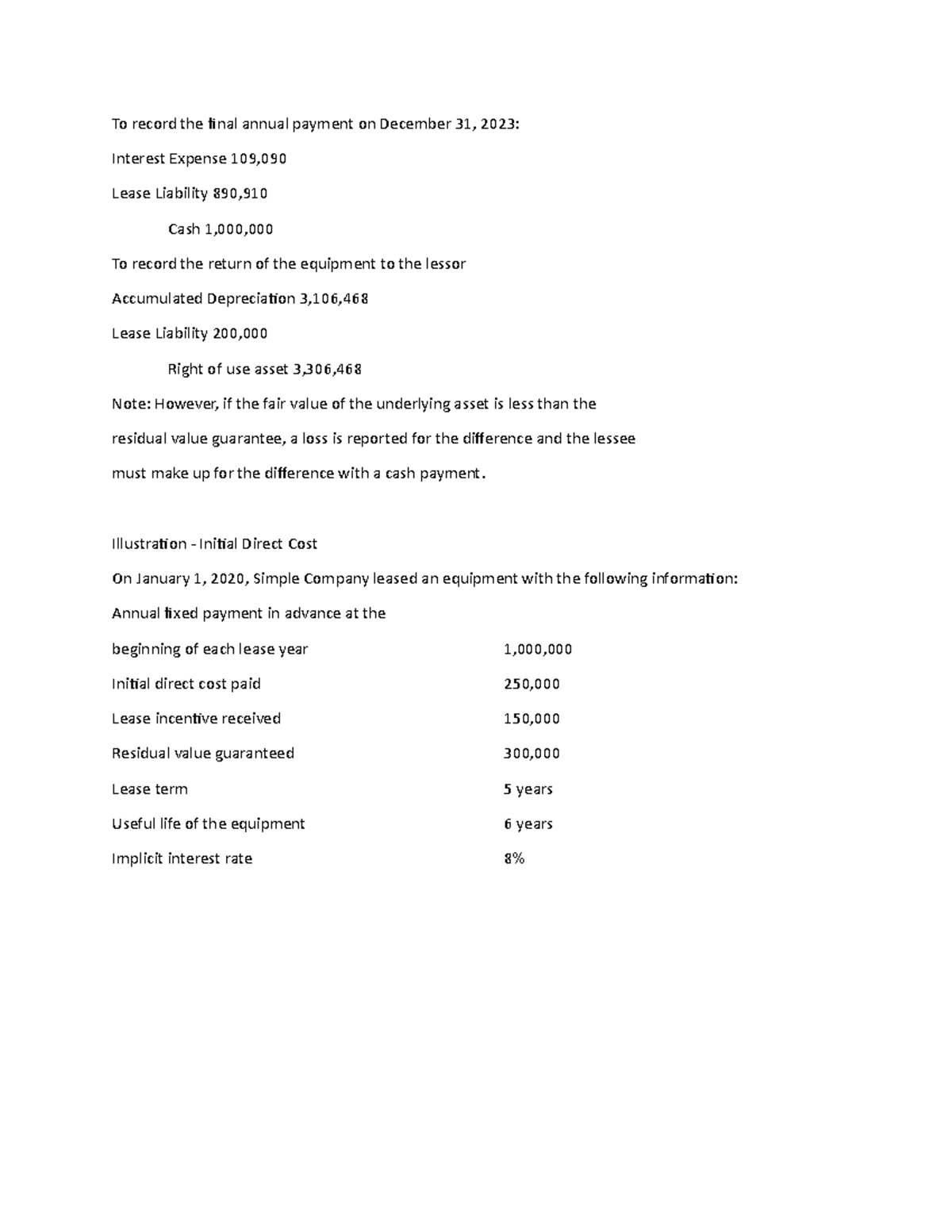 Leases 4 To record the final annual payment on December 31, 2023 Interest Expense 109, Lease