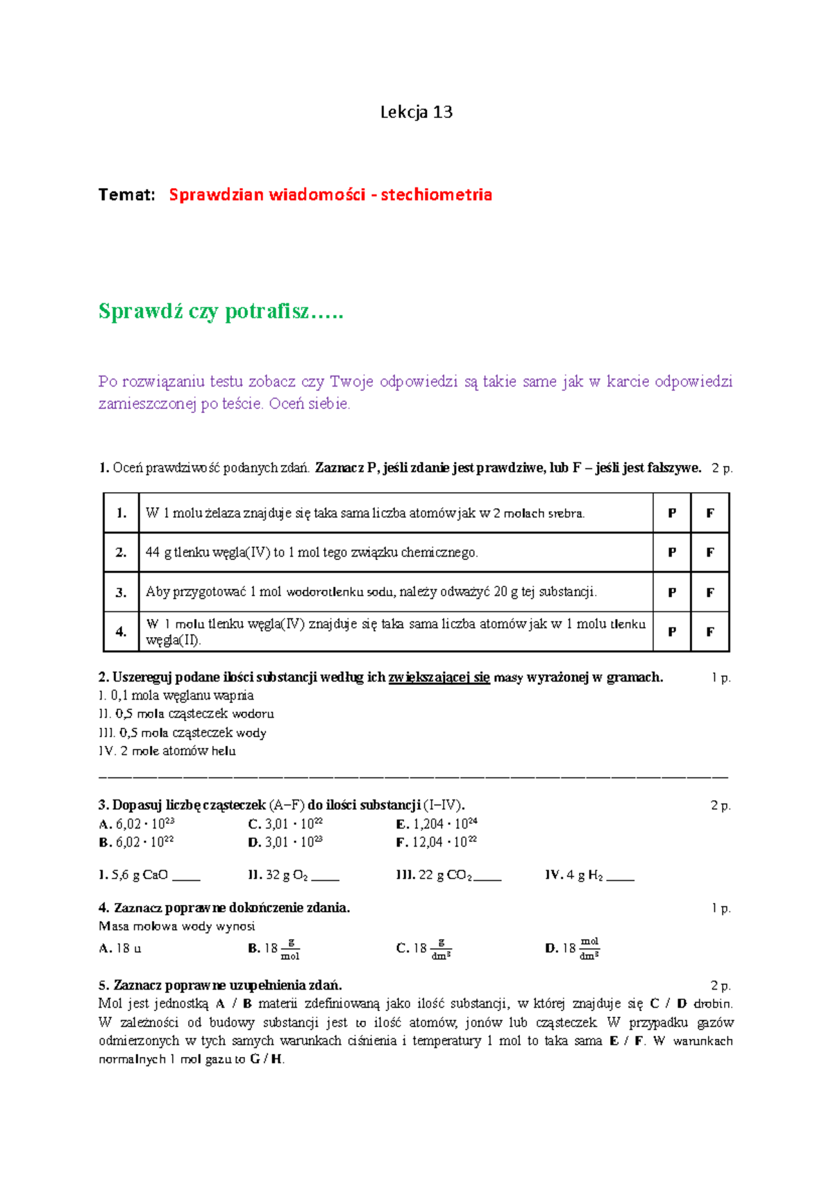 Sprawdzian 2 Dział źródła Energii Chemia