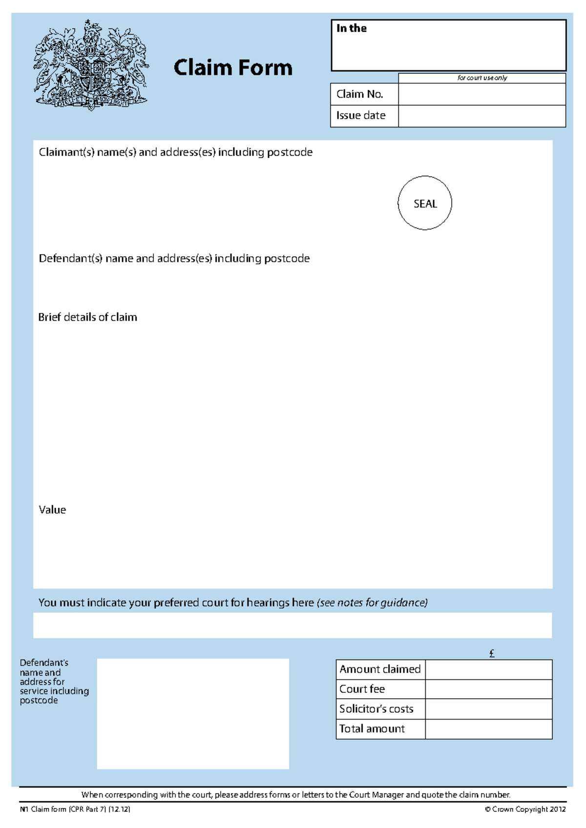 N1 tort claim form - N1 Claim form (CPR Part 7) (12) © Crown Copyright ...