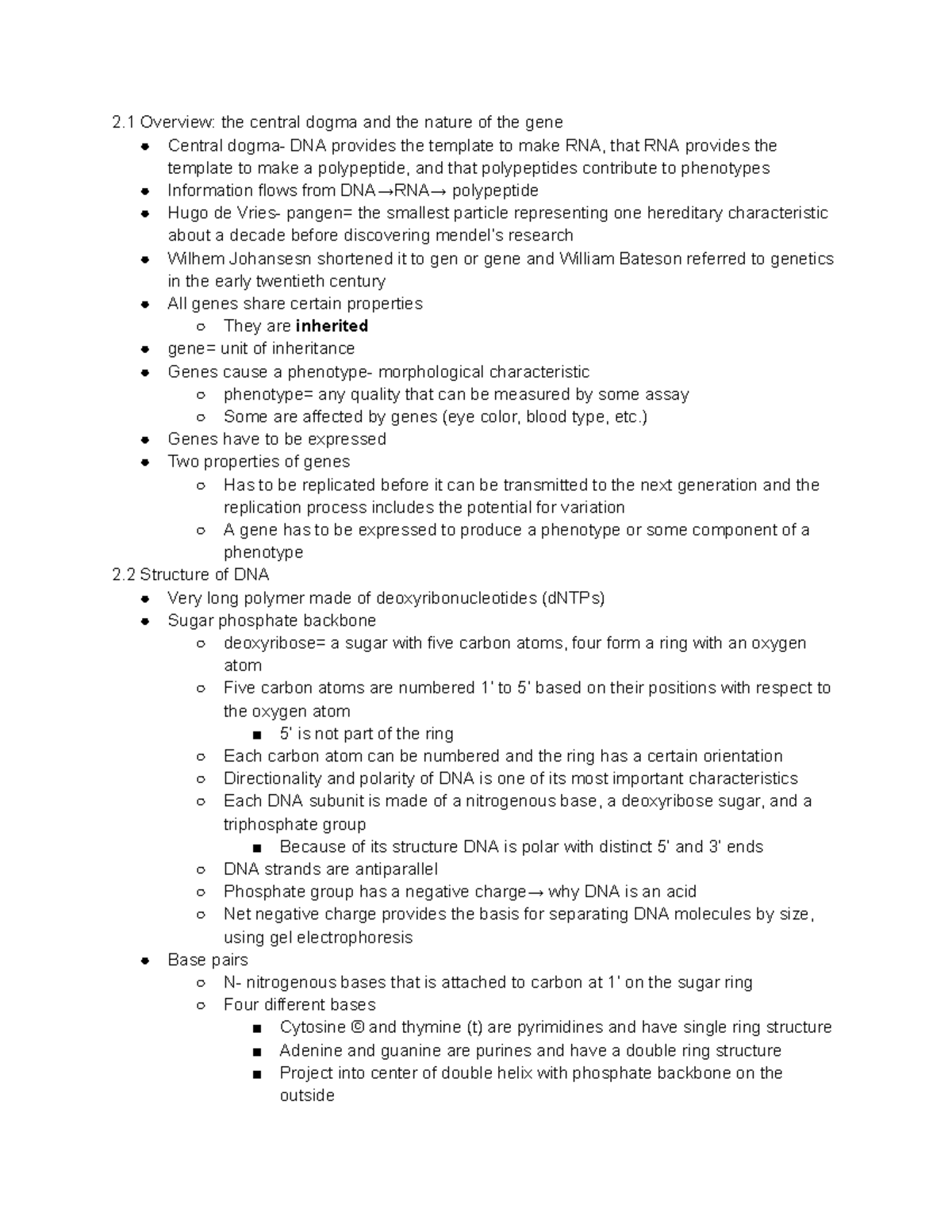 Chapter 2 Textbook notes - 2 Overview: the central dogma and the nature ...