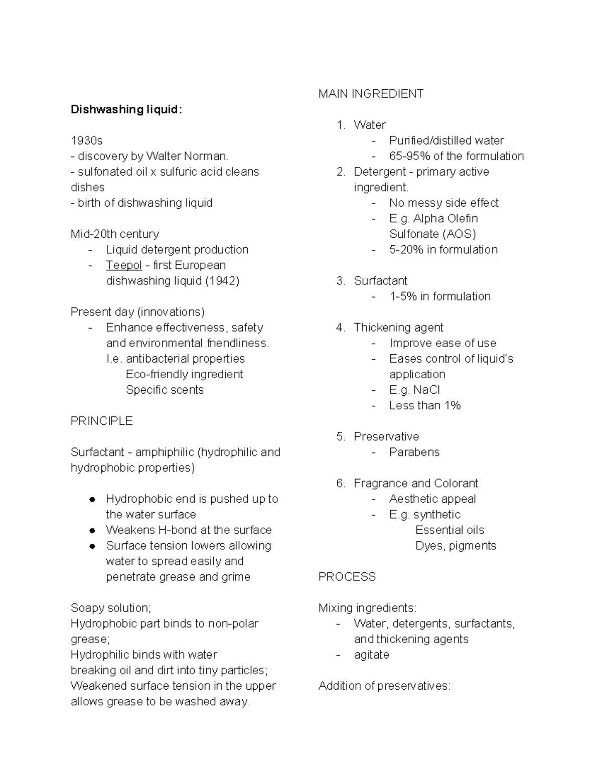 Notes for quiz Dishwashing liquid 1930s discovery by Walter Norman