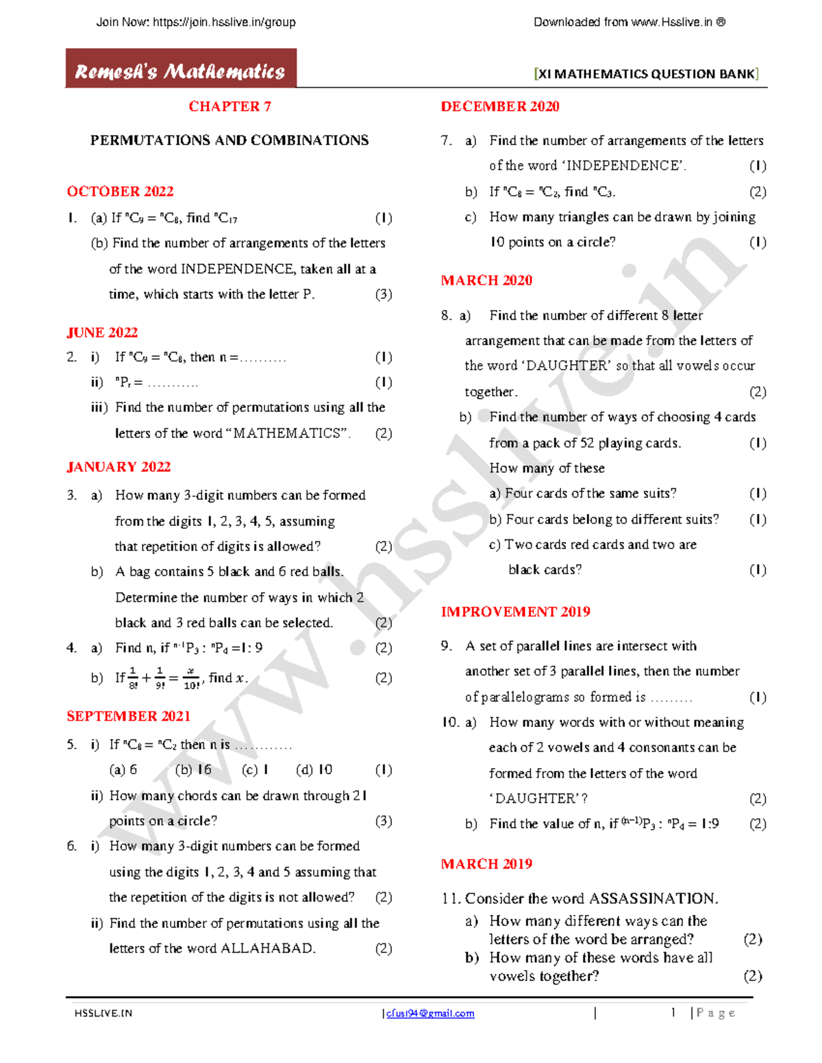 Hssliveximathsqb7. Permuations AND Combinations previous year