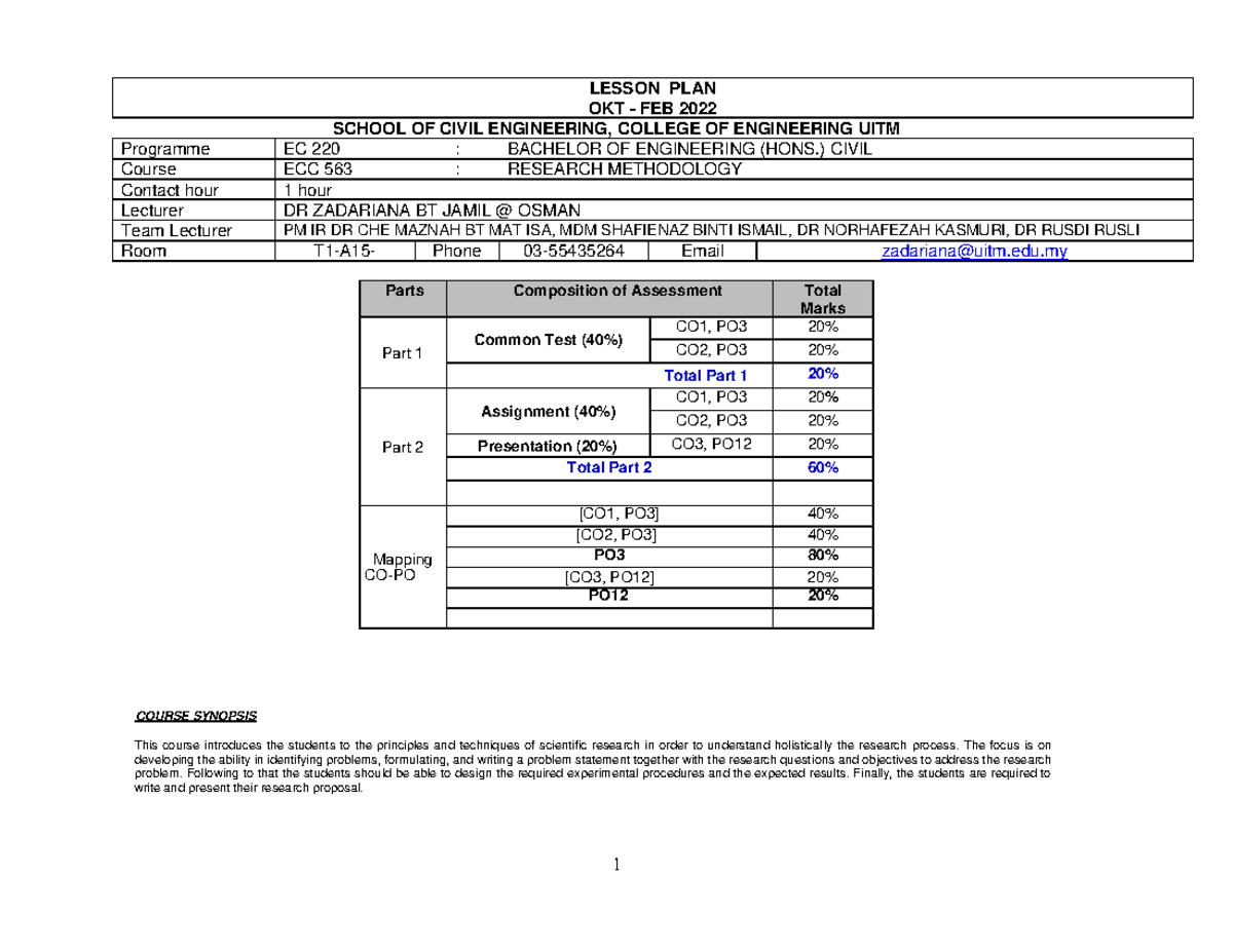 Document - Lesson Plans - LESSON PLAN OKT - FEB 2022 SCHOOL OF CIVIL ...