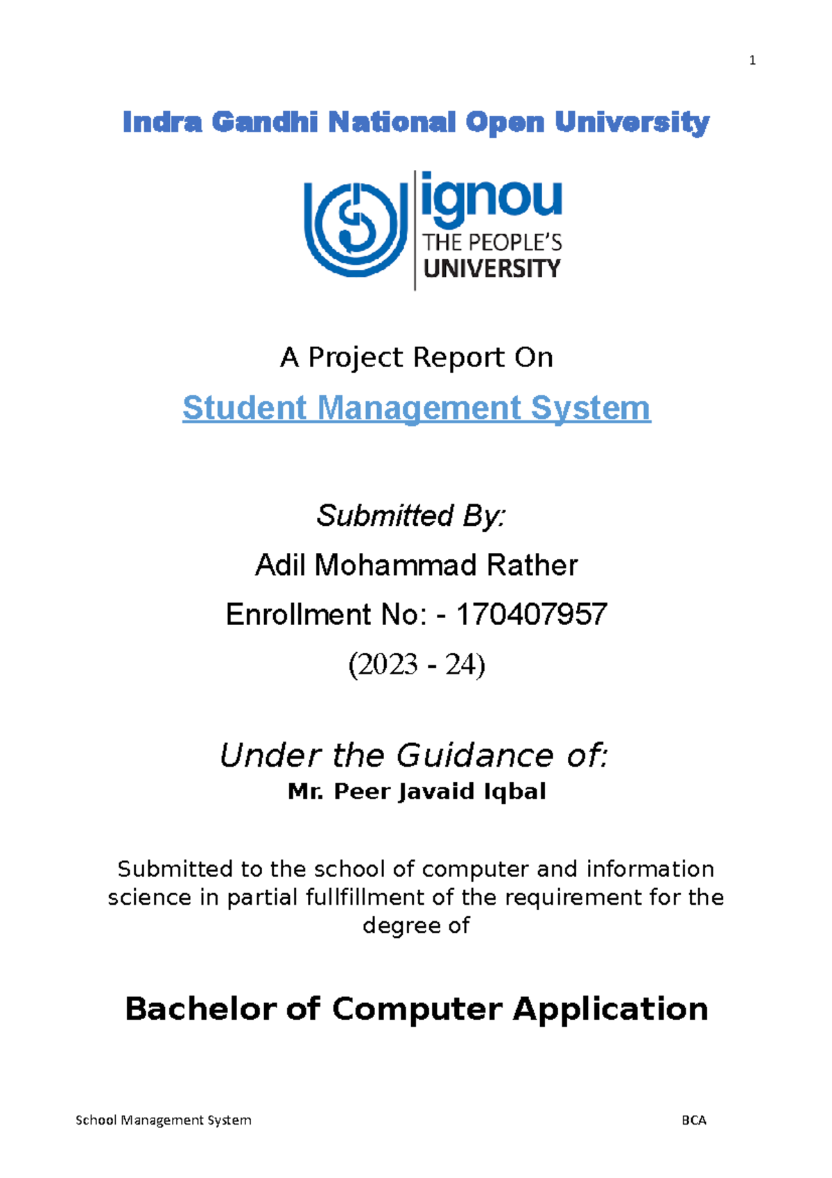 Project report - Peer Javaid Iqbal Submitted to the school of computer ...