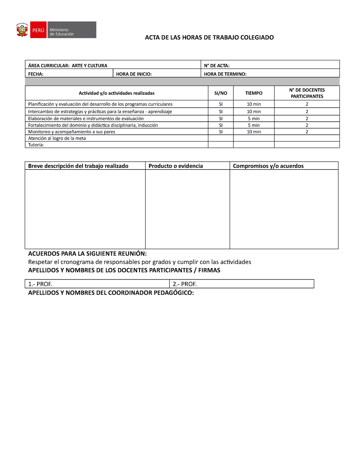 ACTA Colegiado Modelo - ACTA DE LAS HORAS DE TRABAJO COLEGIADO ÁREA ...