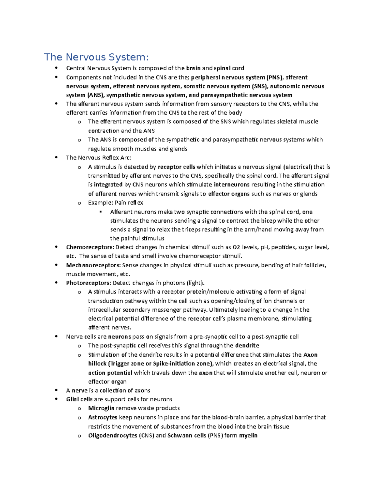 Module 2 Review Notes - The Nervous System: Central Nervous System is ...