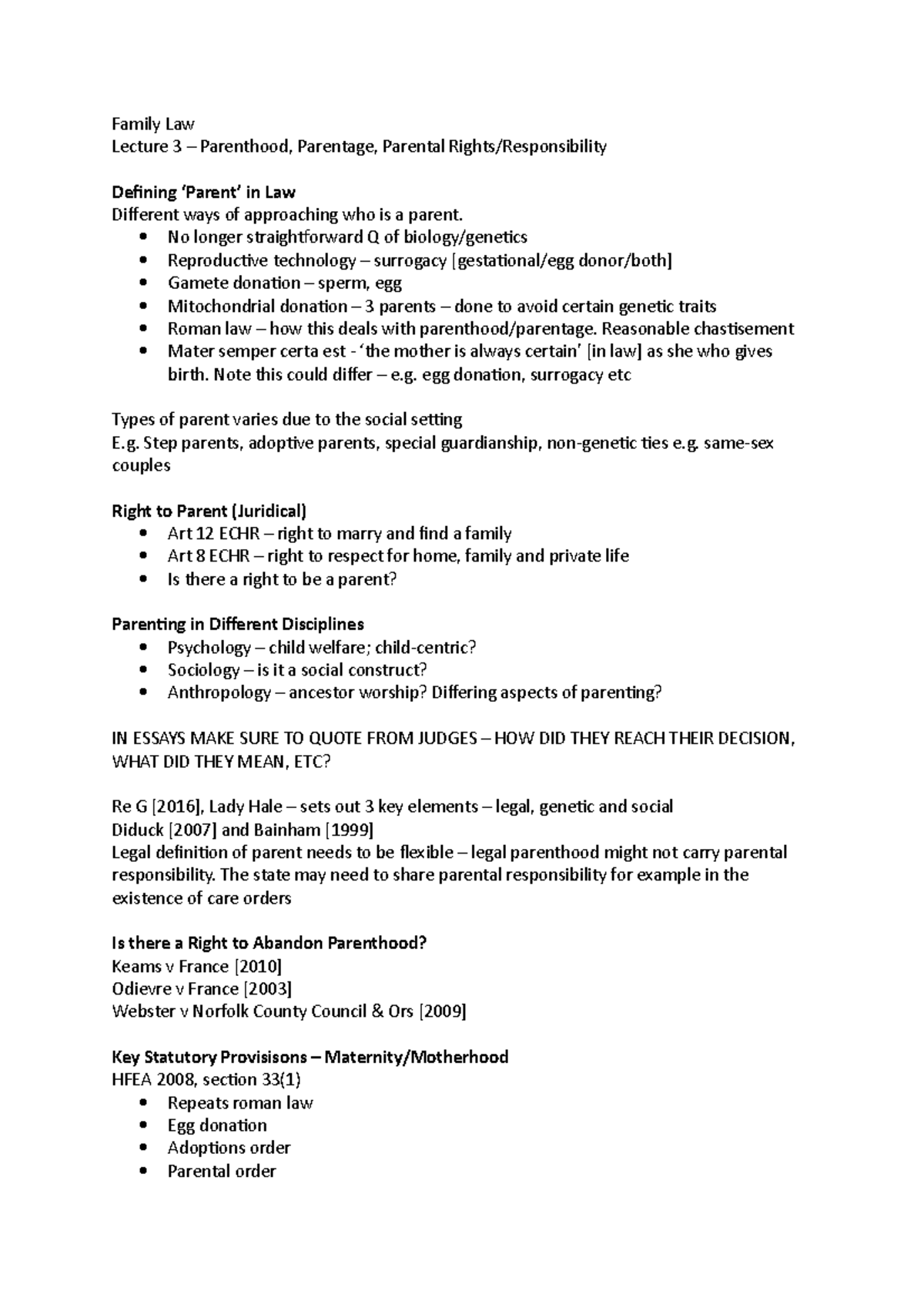Lecture 3 notes - parenthood, parentage, parental rights - Family Law ...