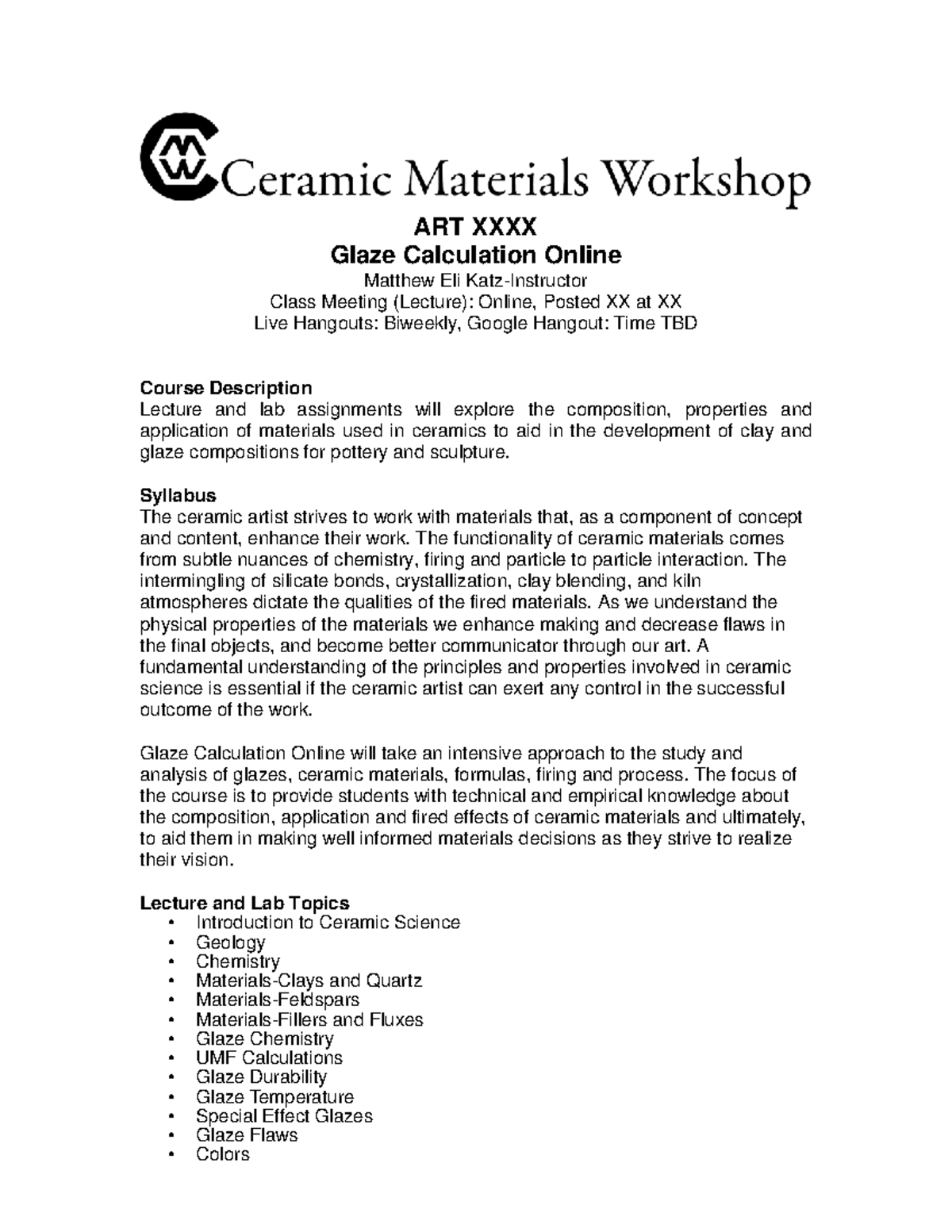 Ceramic materials syllabus ART XXXX Glaze Calculation