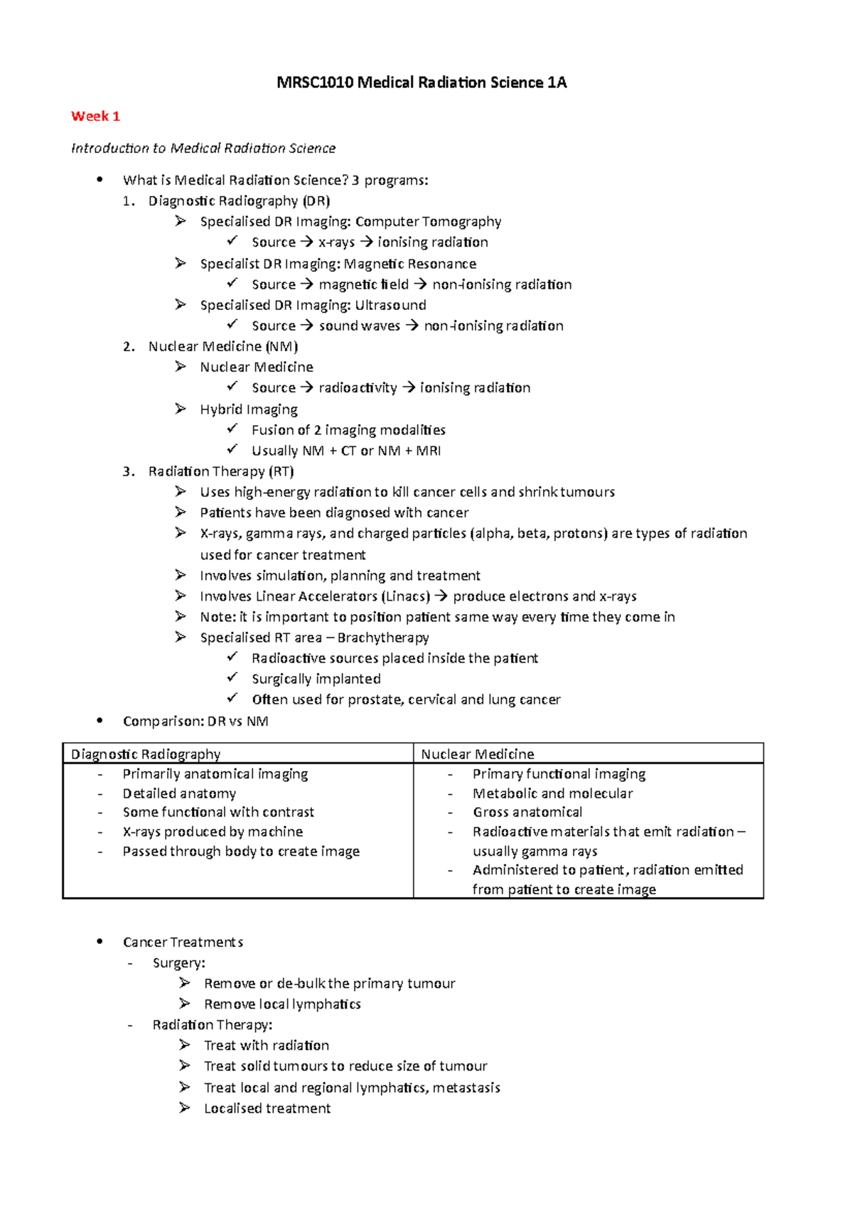 MRSC1010 Notes Wk 13 MRSC1010 Medical Radiation Science 1A Week 1
