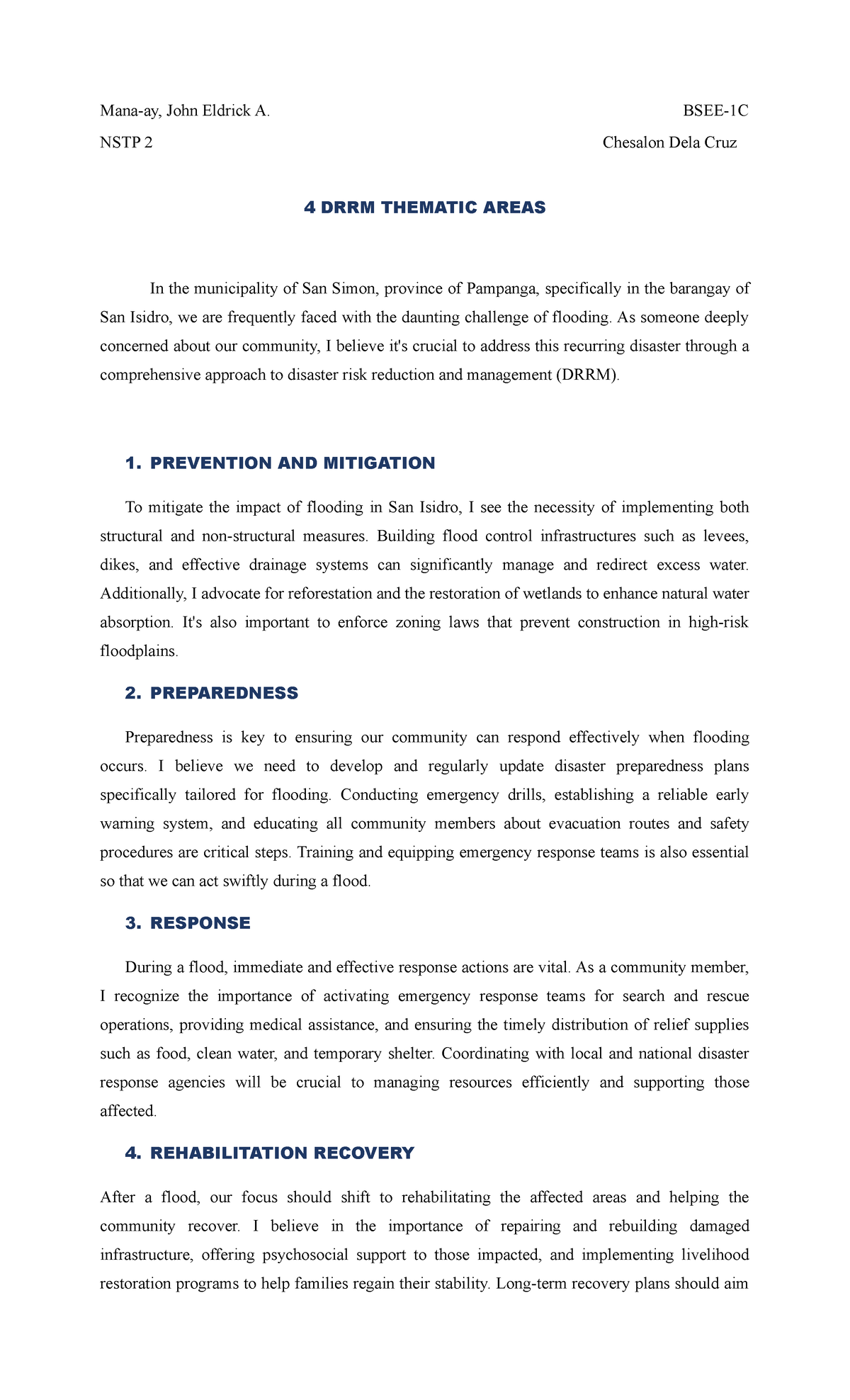 4 DRRM Thematic Areas - Mana-ay, John Eldrick A. BSEE-1C NSTP 2 ...