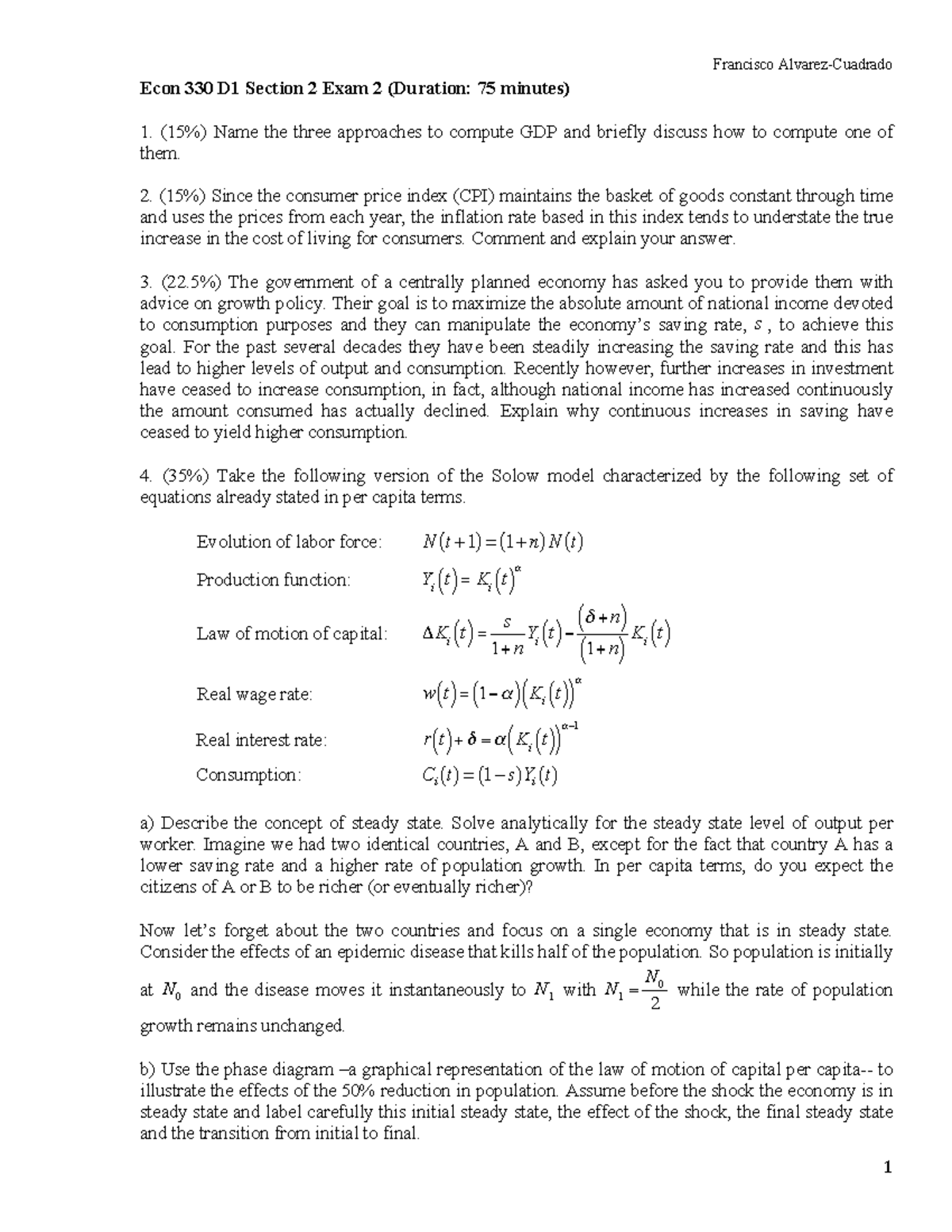 2 Econ 330 Sample Exam 2 - Econ 330 D1 Section 2 Exam 2 (Duration: 75 ...