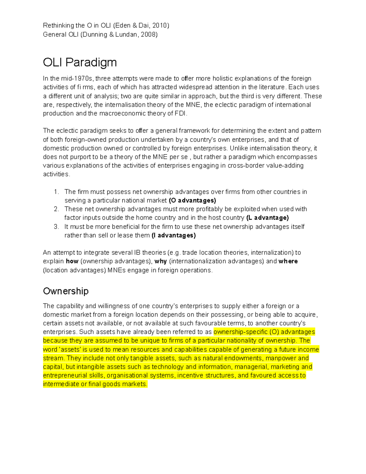 Week 3 Intbus 300 - OLI Paradigm - General OLI (Dunning & Lundan, 2008 ...