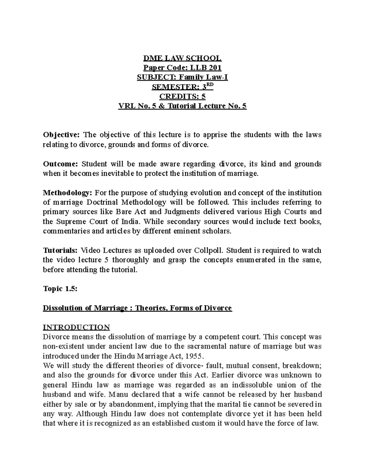 Tutorial 5 Lecture notes 5 DME LAW SCHOOL Paper Code LLB 201