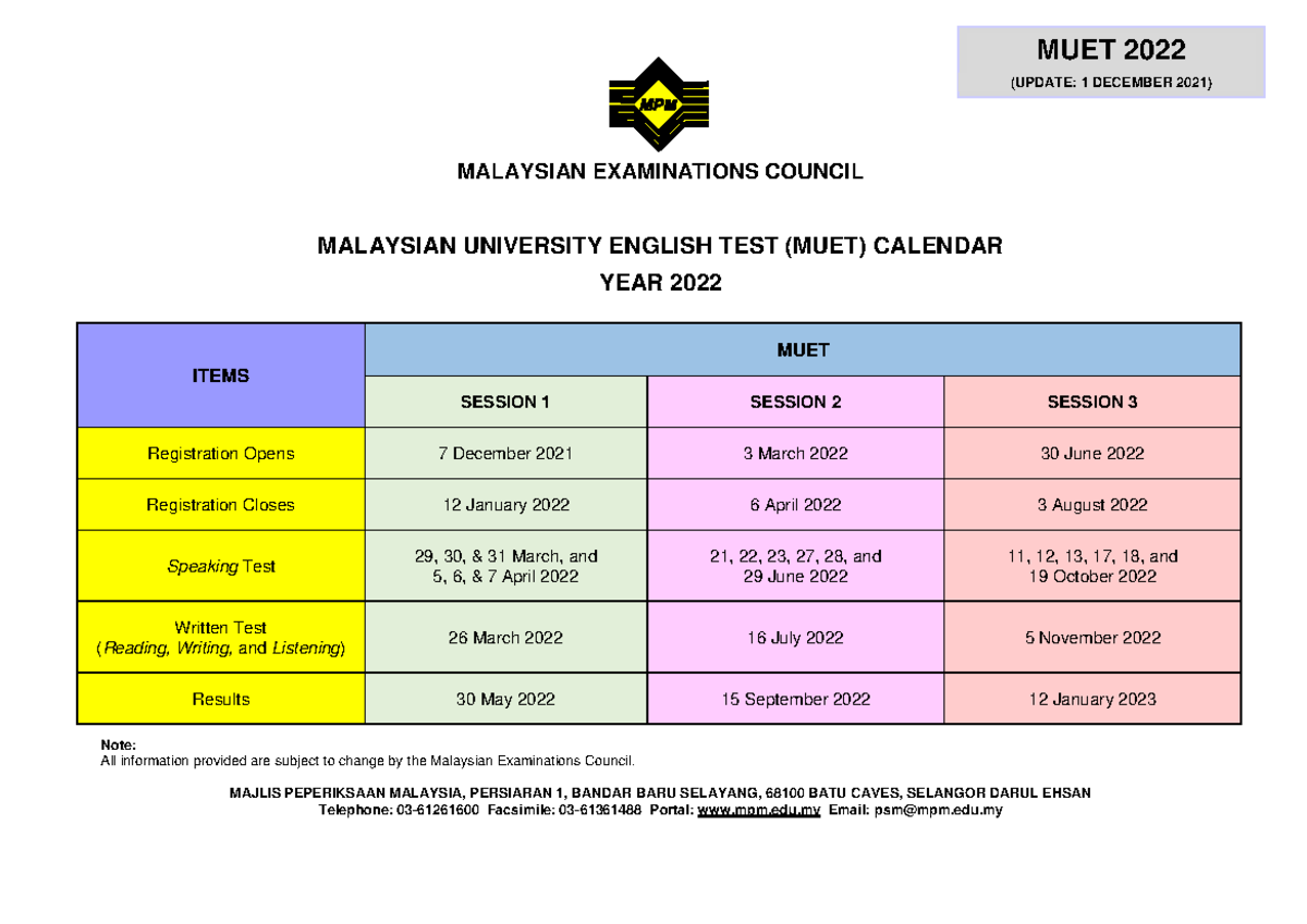 MUET Calender YEAR 2022 - MALAYSIAN EXAMINATIONS COUNCIL MALAYSIAN ...