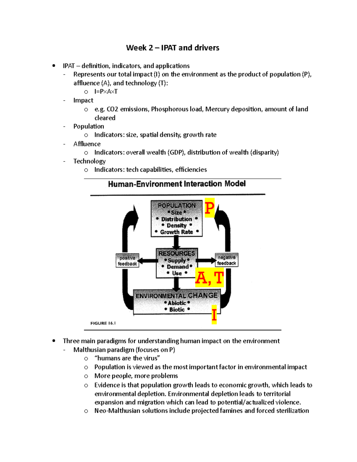 Week 2- Exam Review Notes - Week 2 – IPAT and drivers IPAT – definition ...