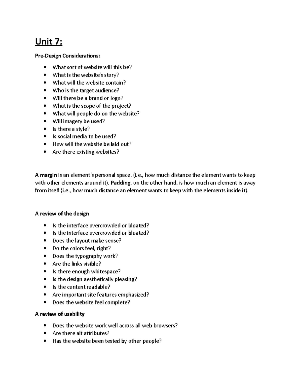 Week 1 summary of lectures and notes :))))))) - Unit 7: Pre-Design ...