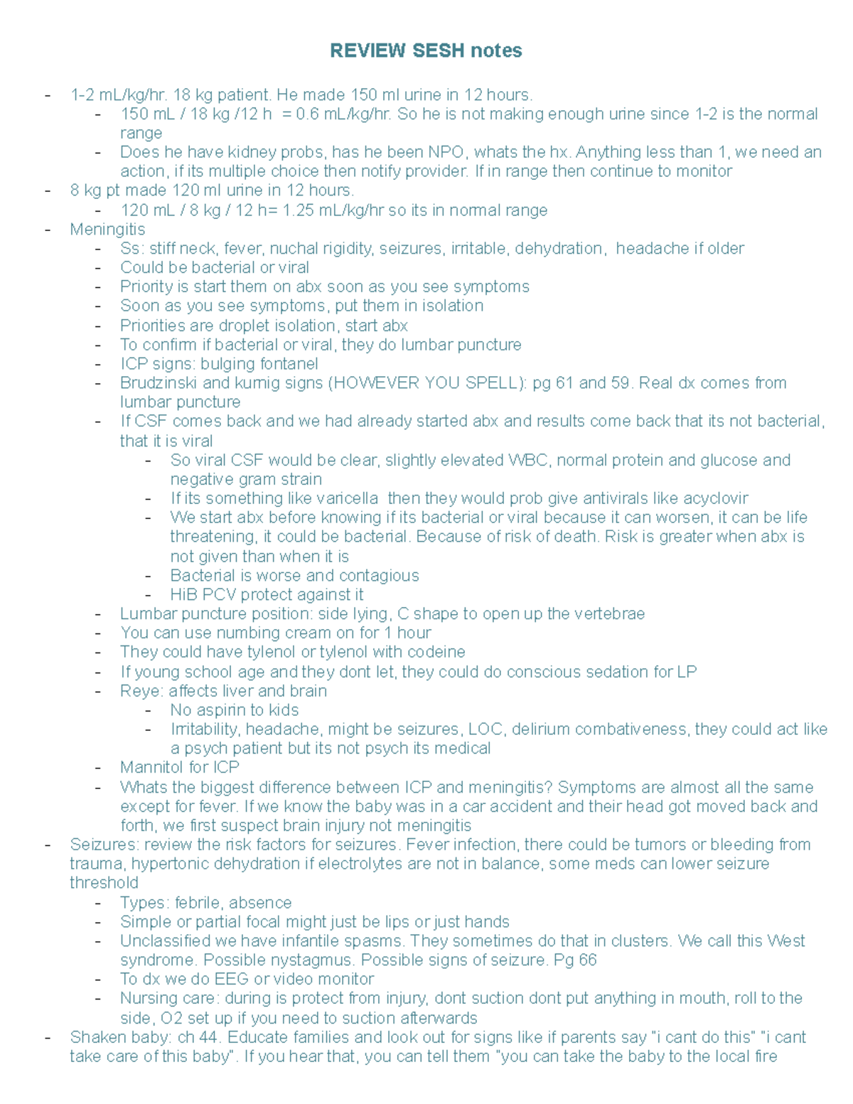 Week 5 peds Review SESH notes - REVIEW SESH notes 1-2 mL/kg/hr. 18 kg ...