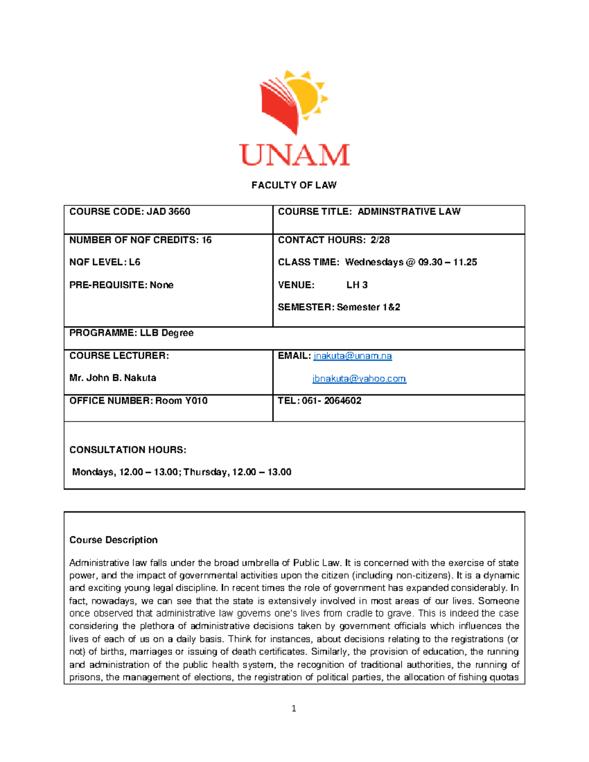 Administrative Law Course Outline 2020 Part 1 - FACULTY OF LAW COURSE ...