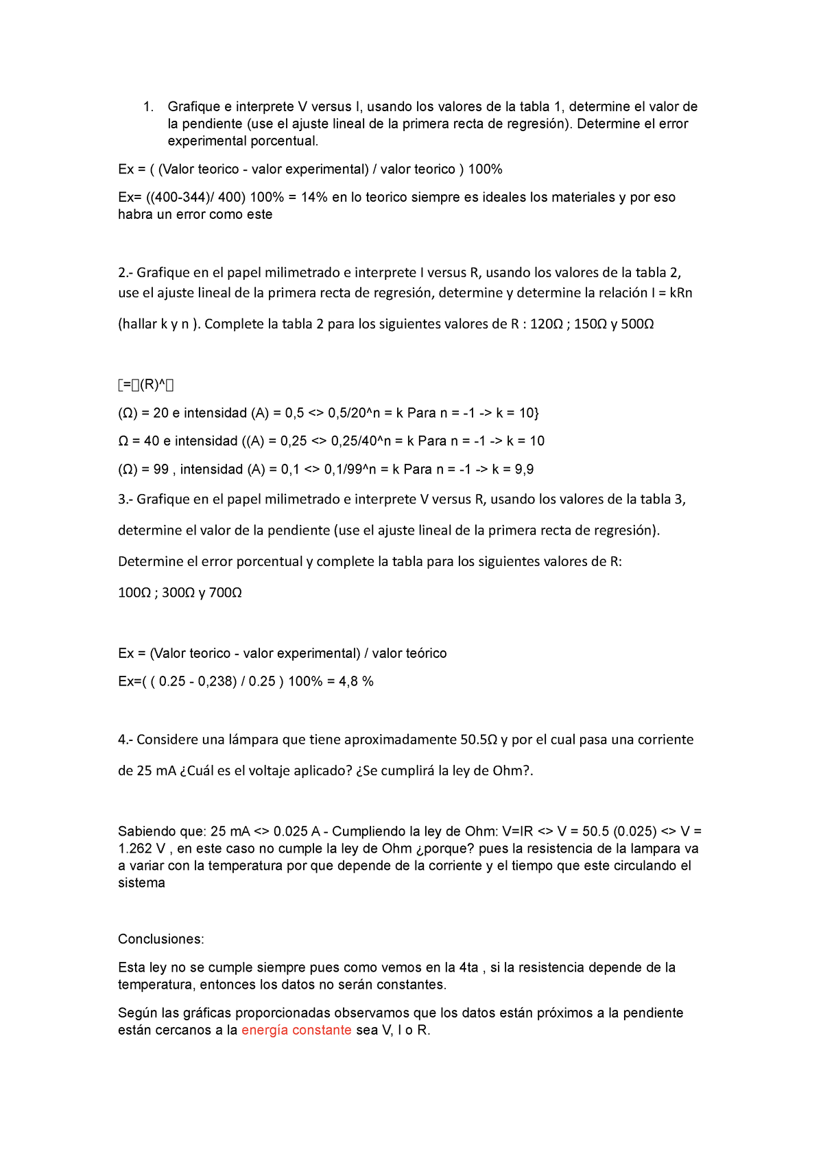 Practica 4 - Grafique E Interprete V Versus I, Usando Los Valores De La ...