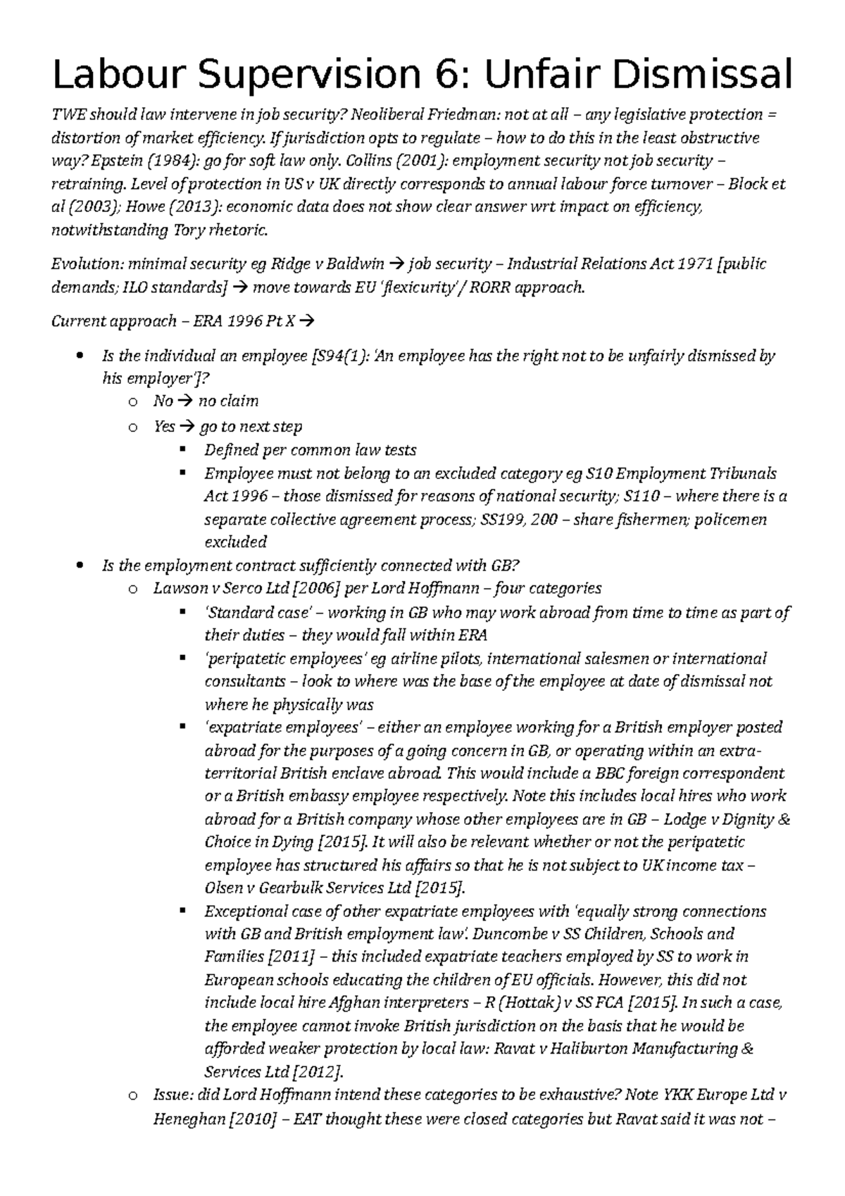 Unfair Dismissal Summary Notes - Labour Supervision 6: Unfair Dismissal ...