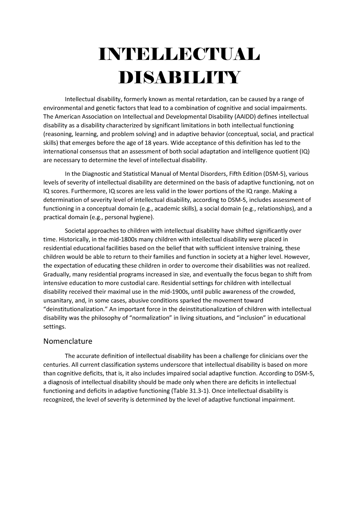 introduction to intellectual disability essay