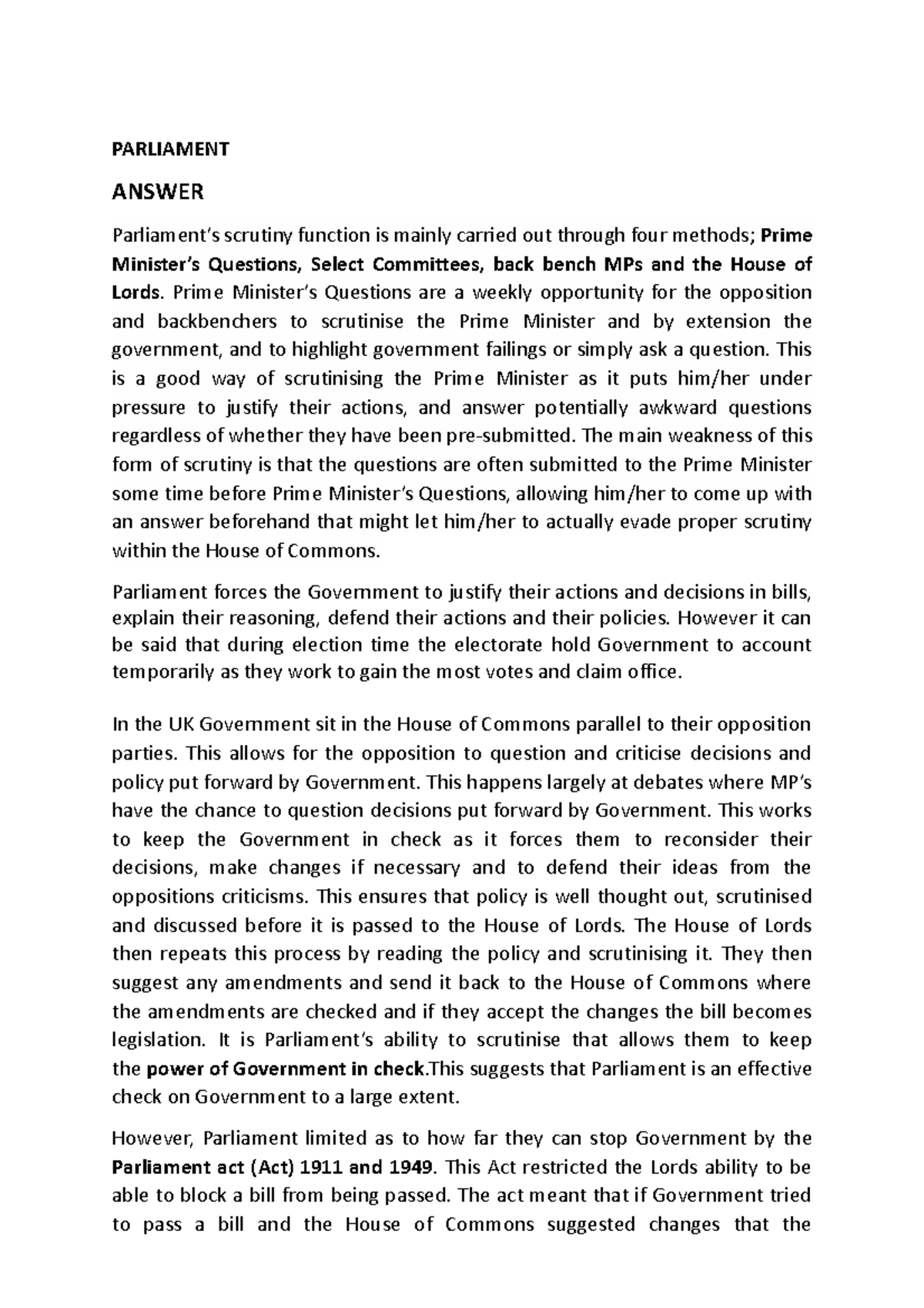 Consti tutorial last - PARLIAMENT ANSWER Parliament’s scrutiny function ...
