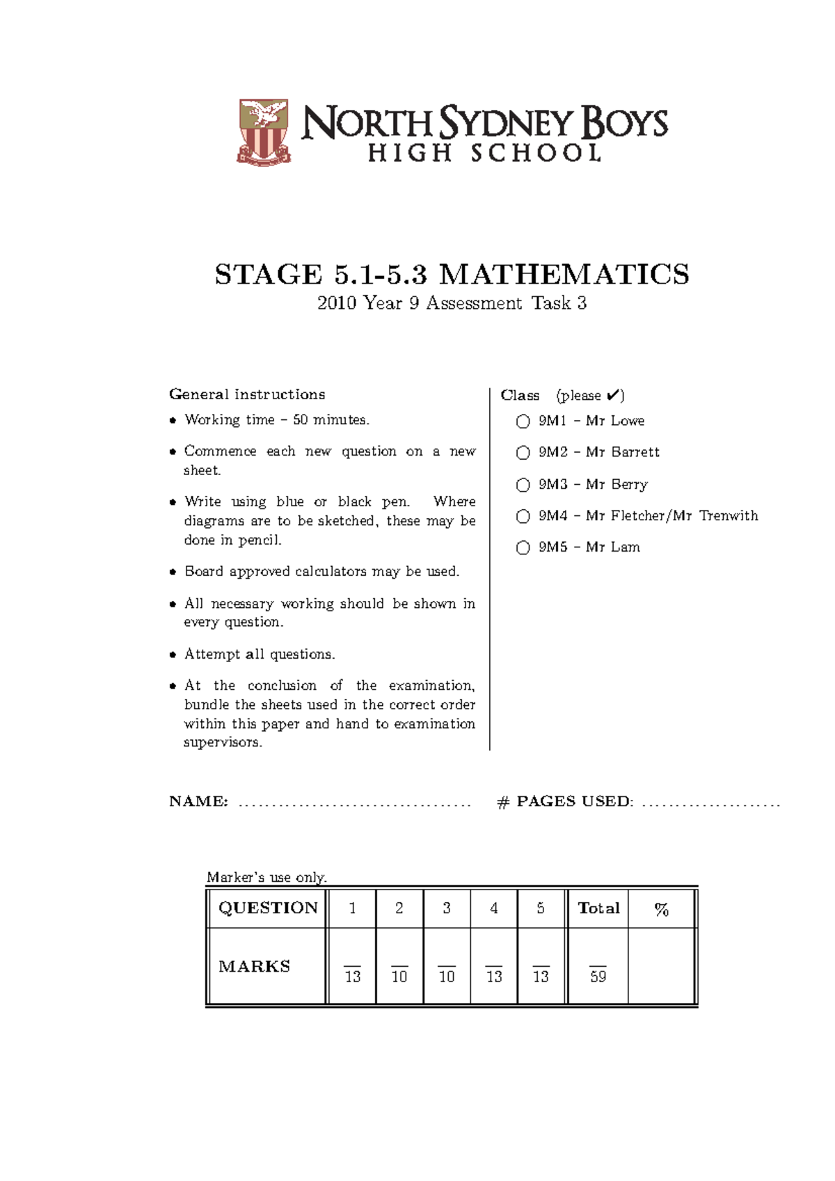 Task 3 2010 Yr 9 - Math Past Paper - STAGE 5.1-5 MATHEMATICS 2010 Year ...