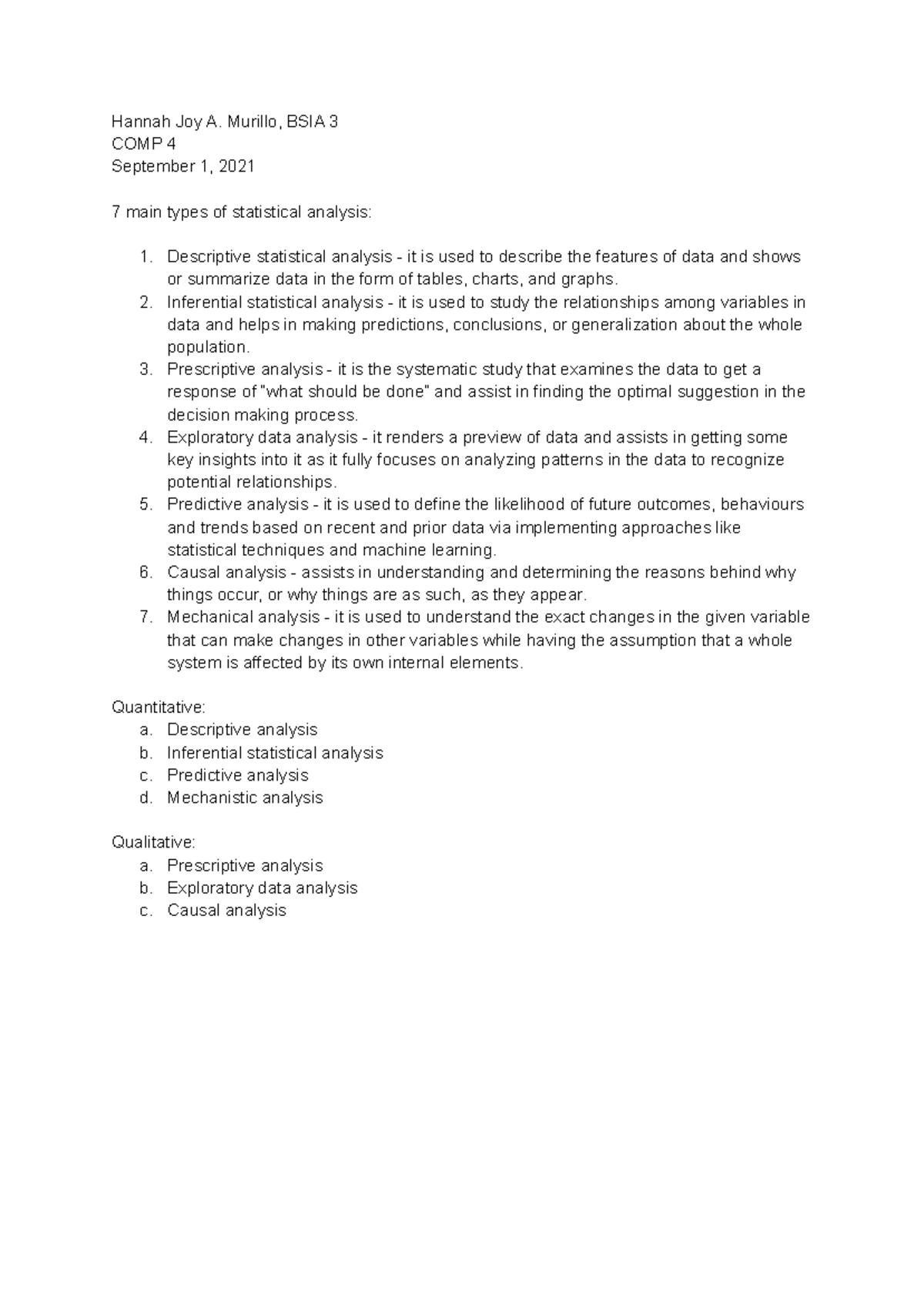 7 main types of statistical analysis - Hannah Joy A. Murillo, BSIA 3 ...