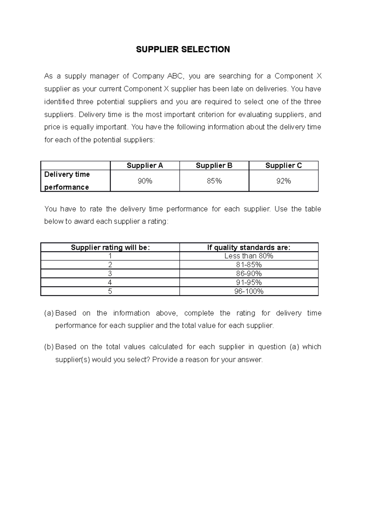 Supplier selection Question SUPPLIER SELECTION As a supply manager of