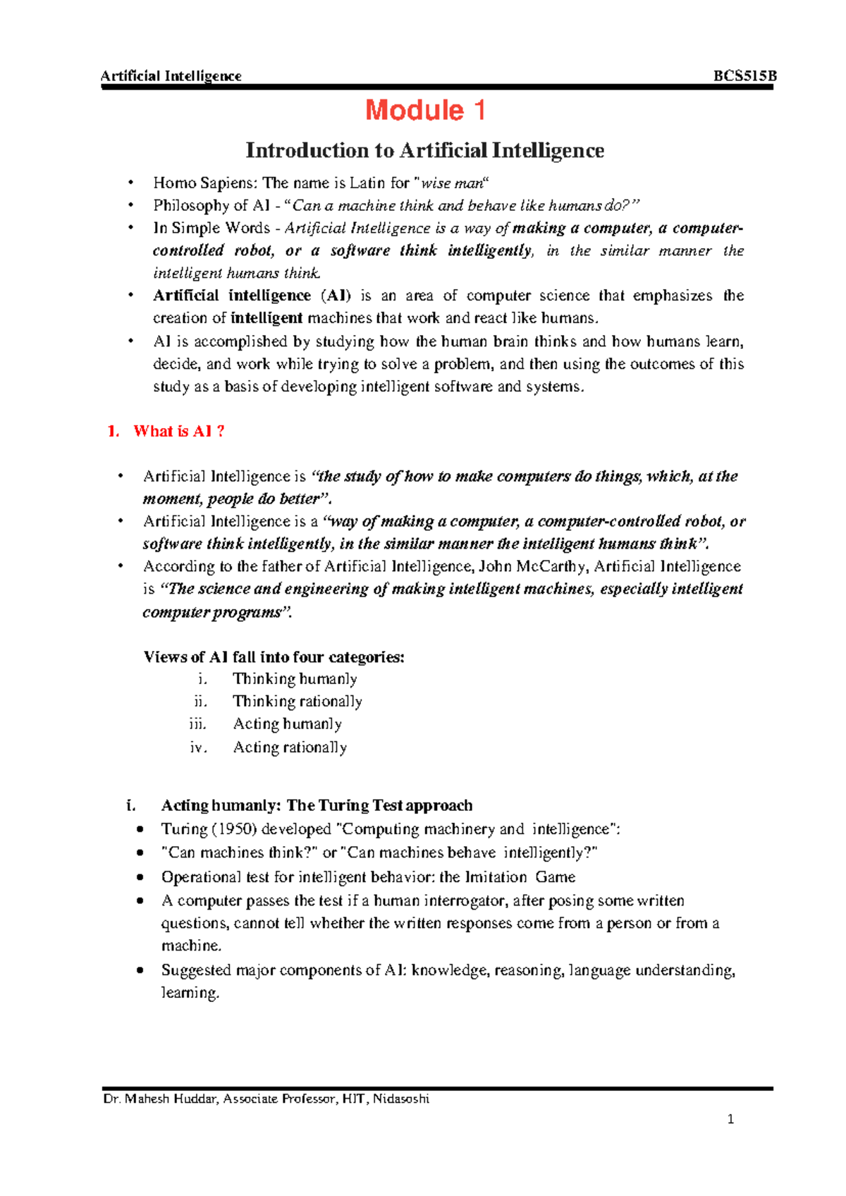 Module Final Introduction To Artificial Intelligence Dr Mahesh